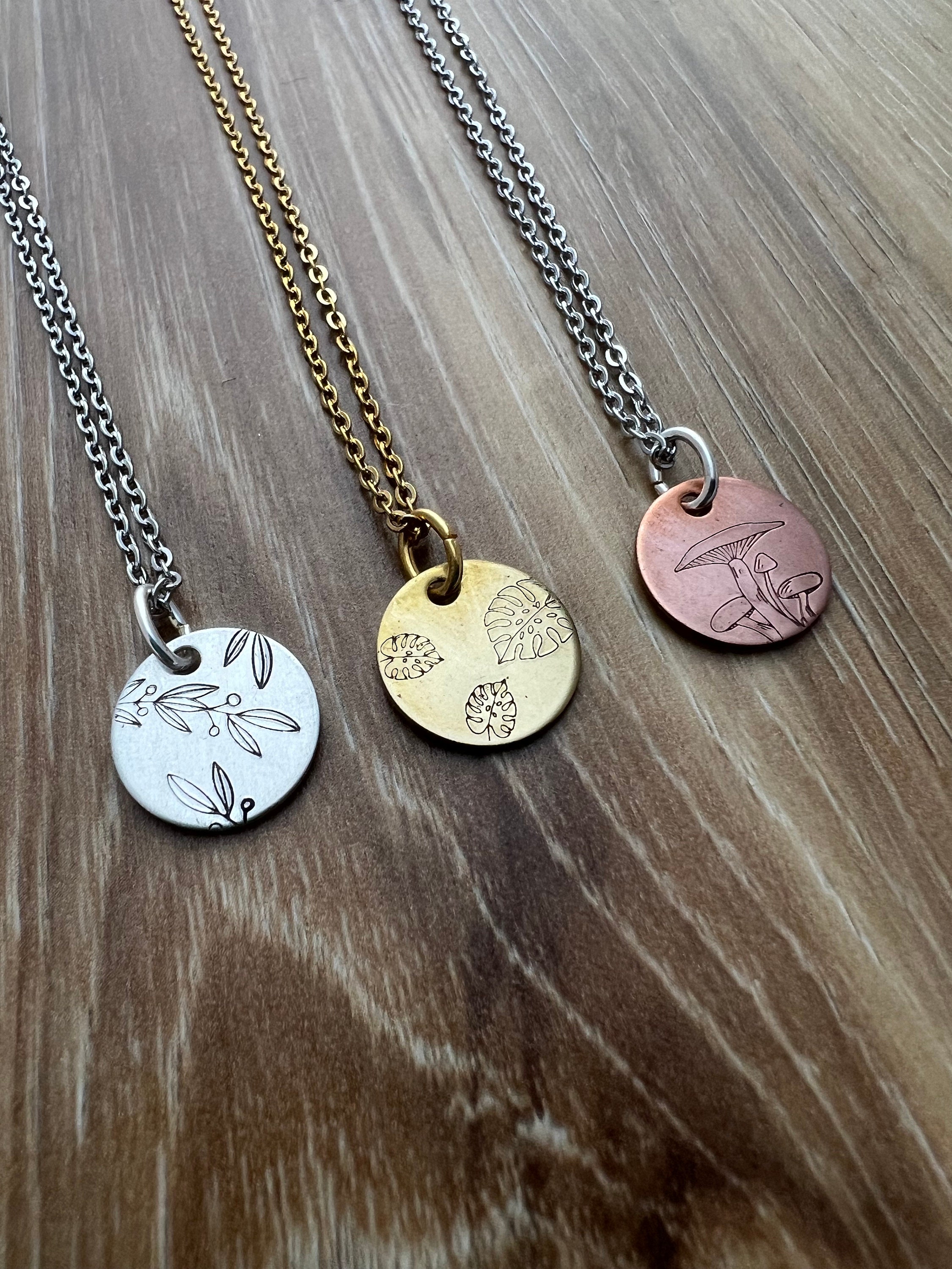 Hand Stamped Charm Necklace: Foliage, Mushroom, Monstera Leaf, view 2