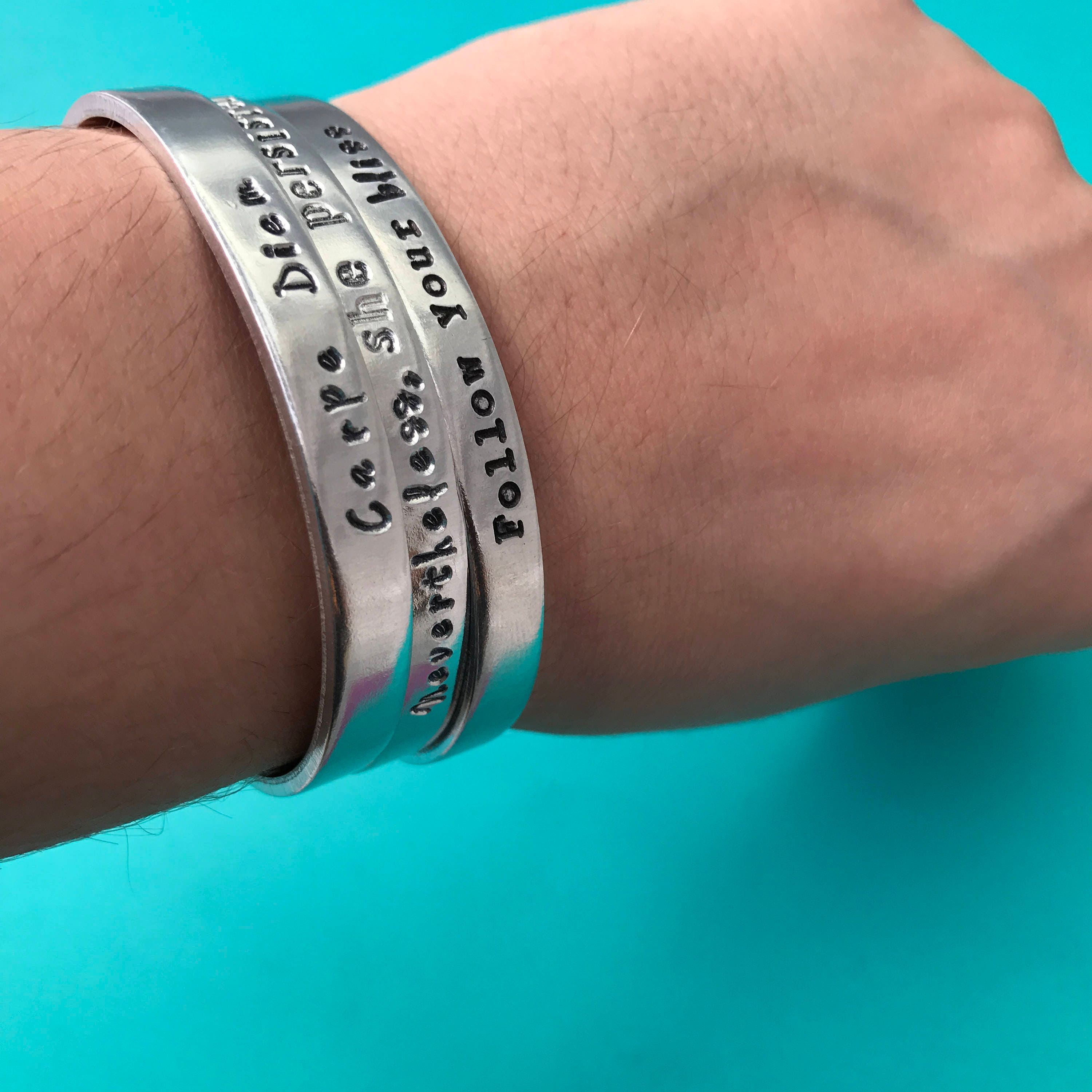 F- Cancer Hidden Message- Hand Stamped Cuff Awareness Ribbon Bracelet, view 4