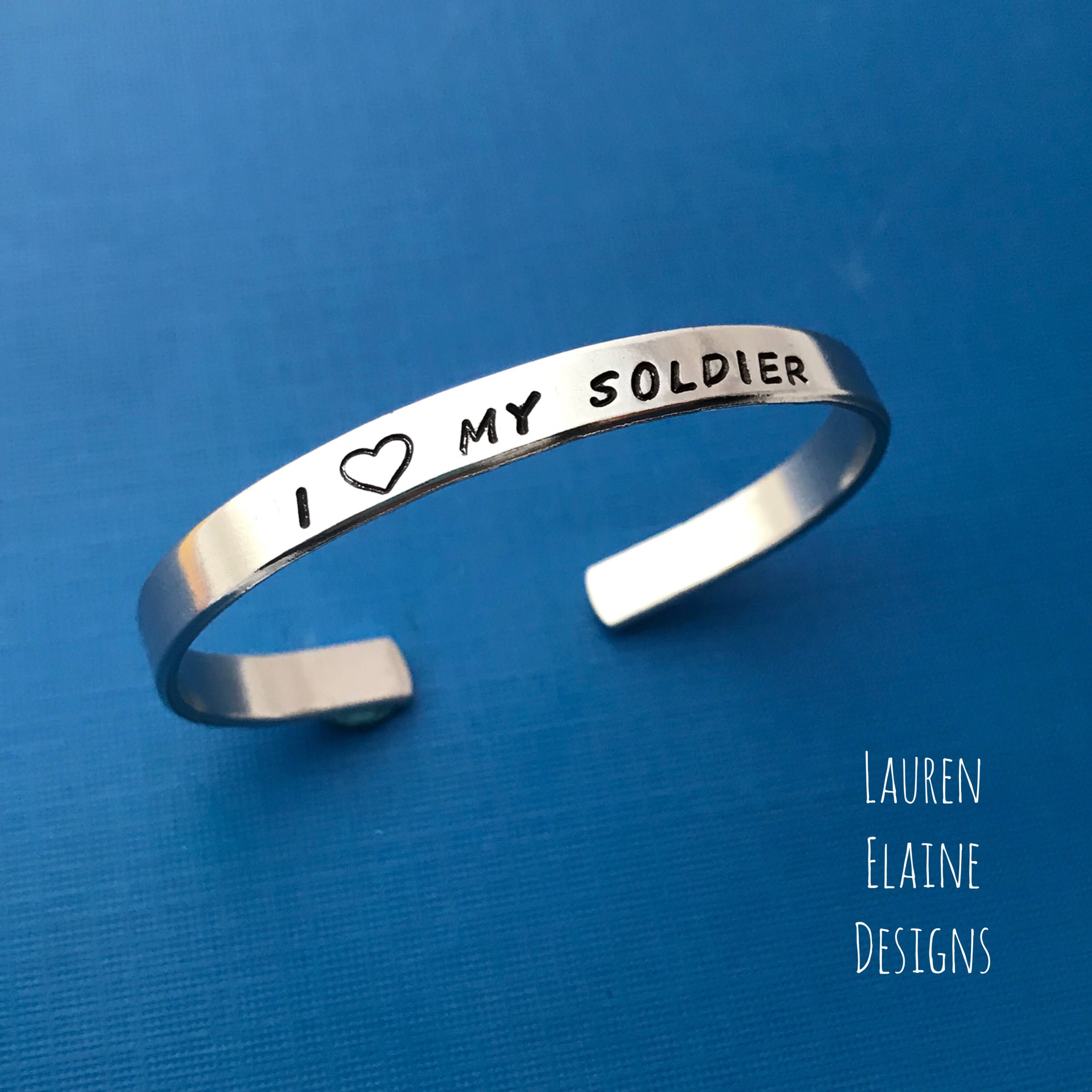 I Love My Soldier Bracelet: Hand Stamped Aluminum Cuff, view 2