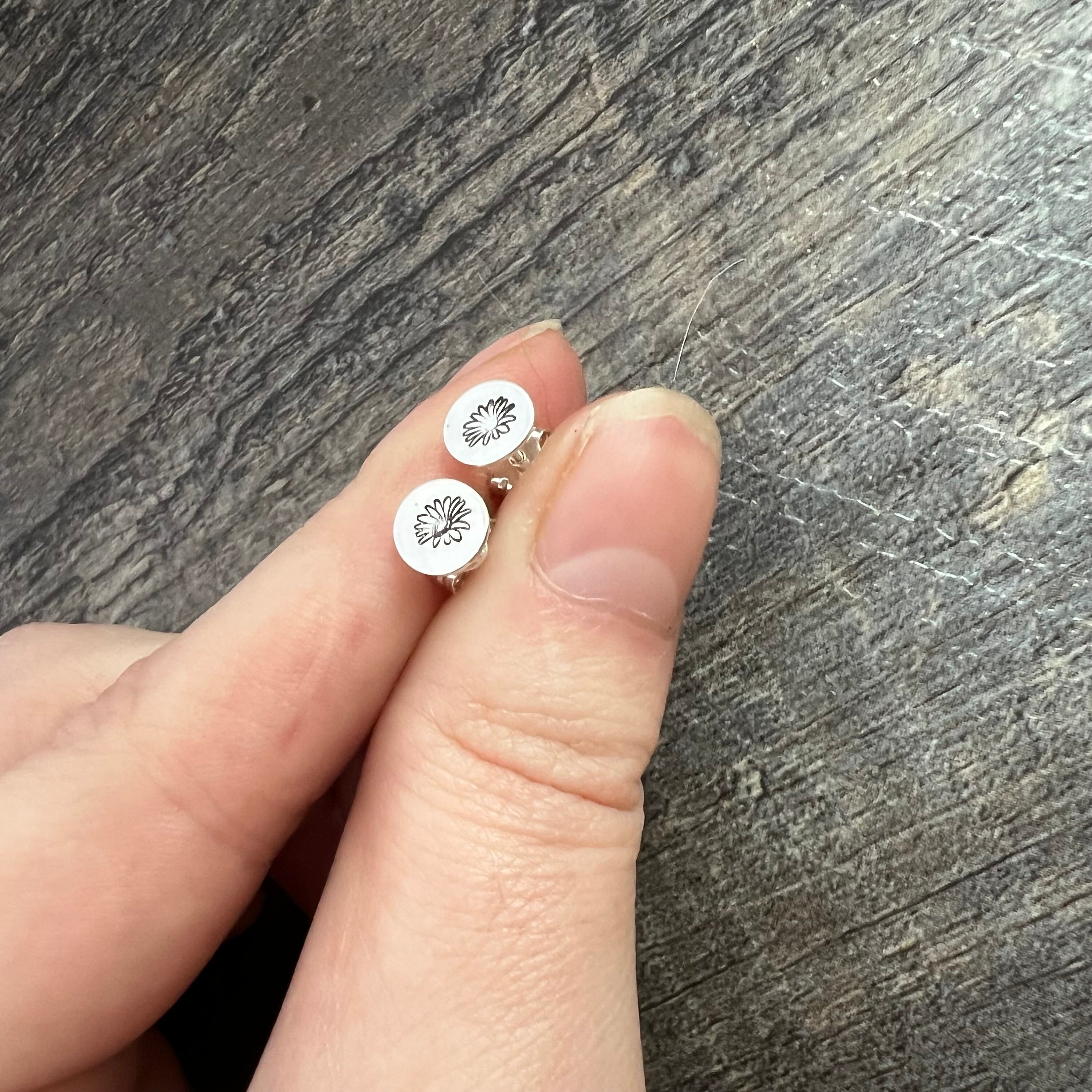 Sterling Silver Birth Flower Stud Earrings - Hand Stamped Gift, view 3