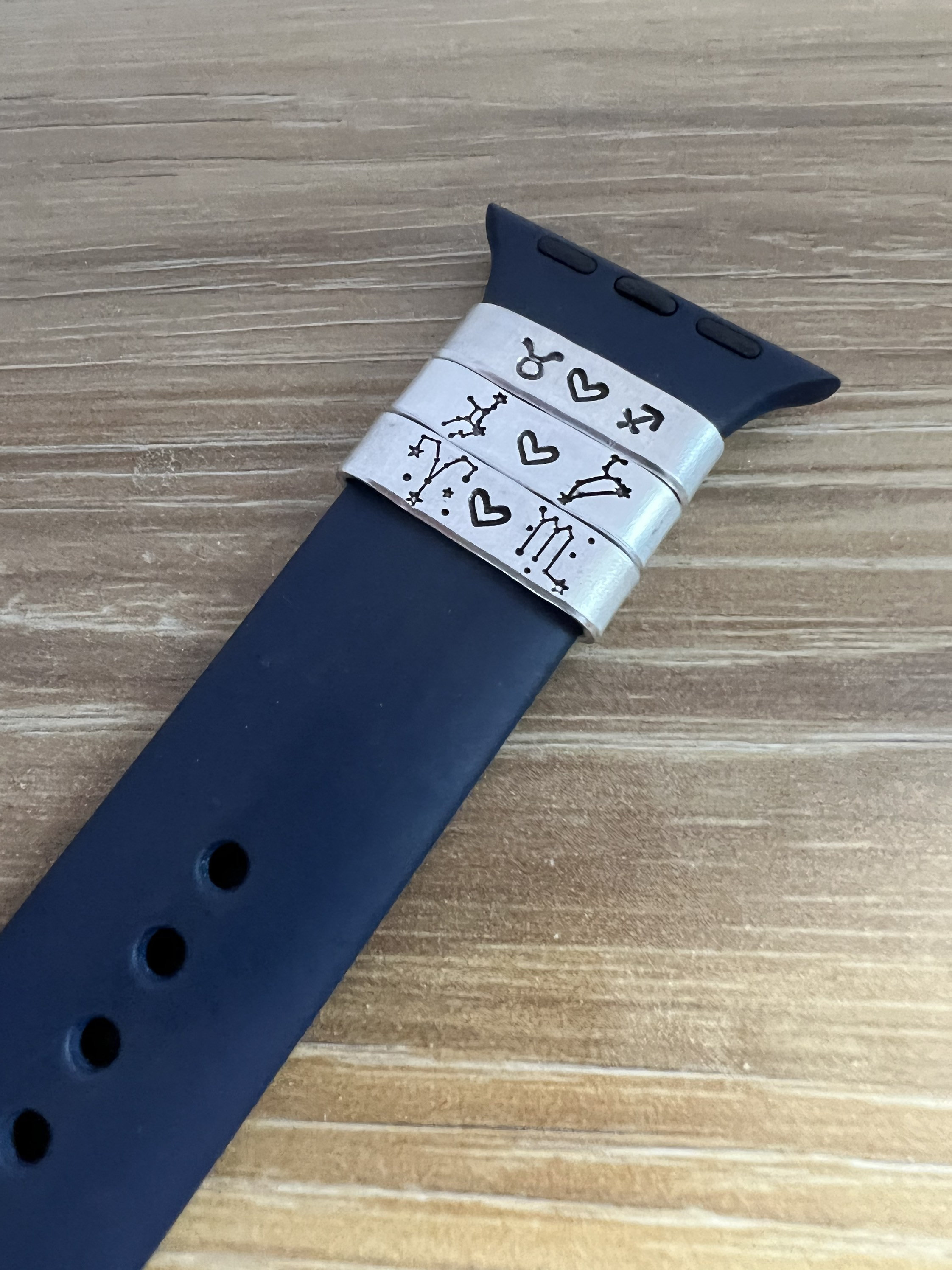 Hand Stamped Zodiac Couple Watch Band Charm: Aluminum Smart Watch Tag, view 3