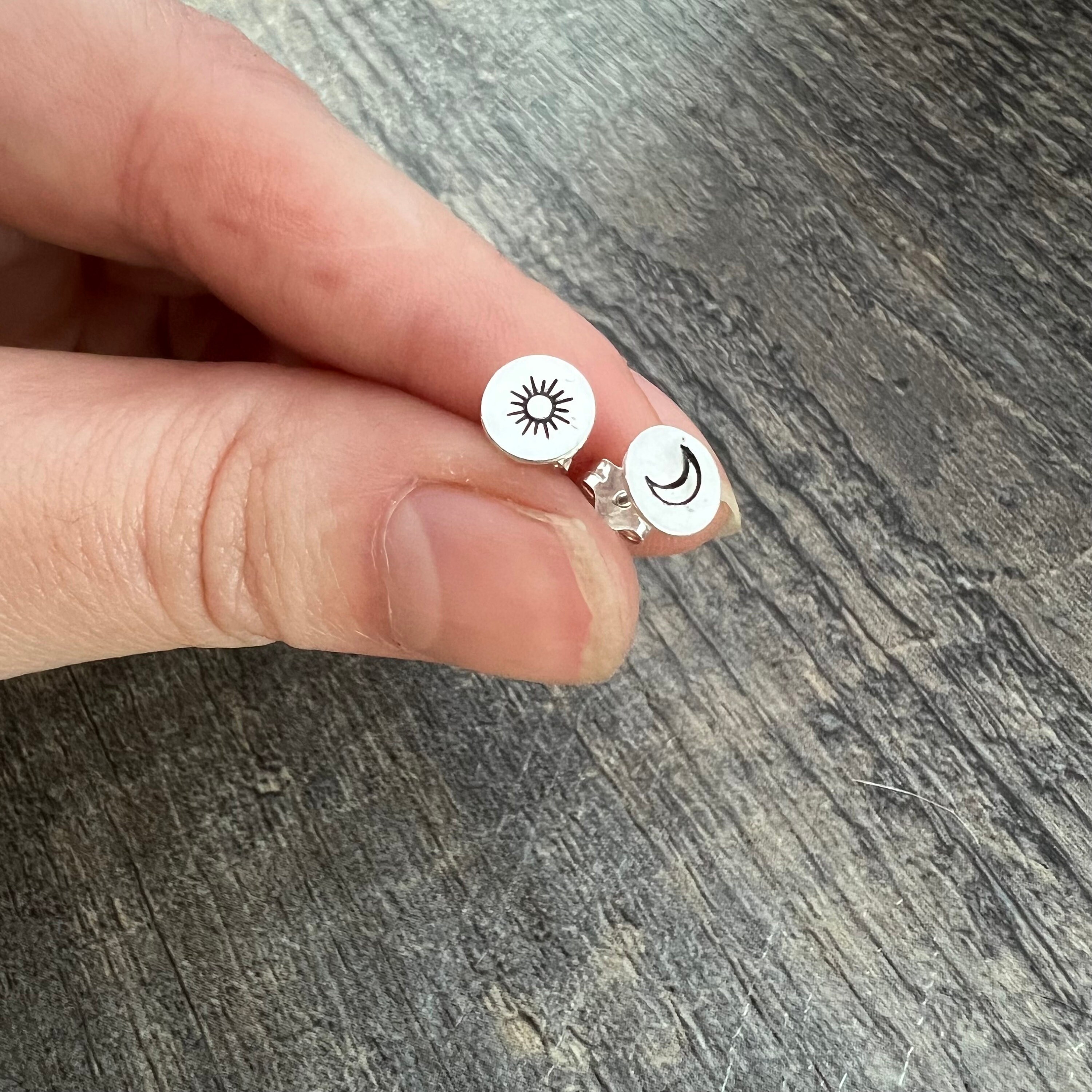 Sun and Moon Sterling Silver Stud Earrings, view 2