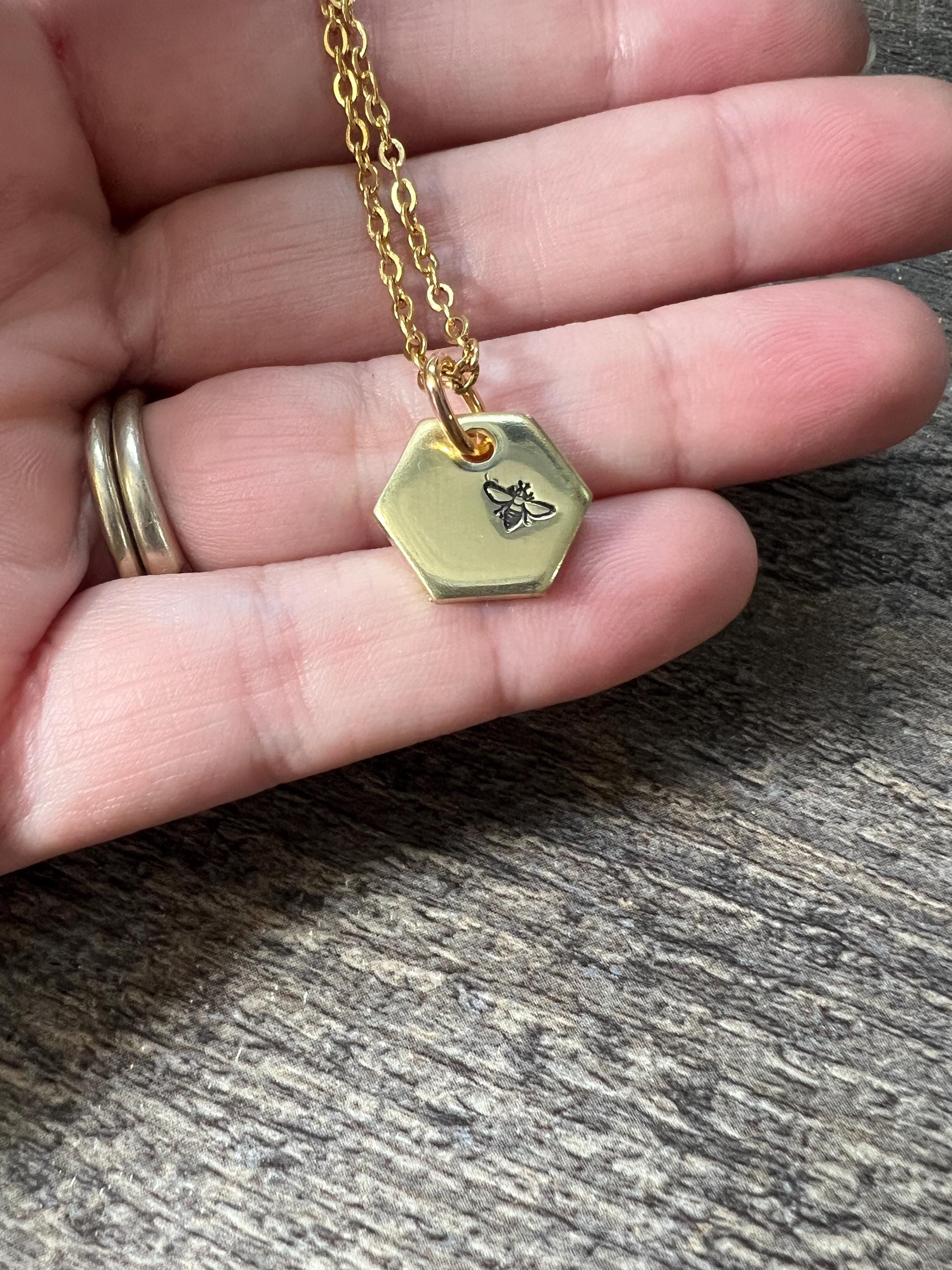 Gold Bee Honeycomb Charm Necklace- Hand Stamped, view 4