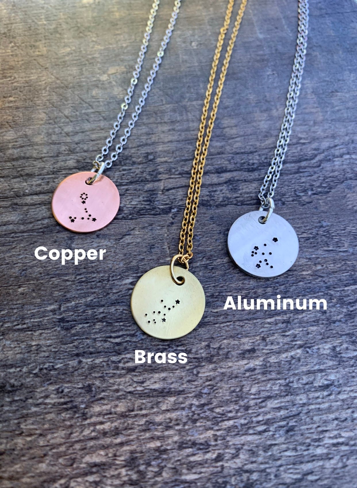 Zodiac Constellation Necklace: Hand Stamped Brass, Copper, or Aluminum Charm, view 5