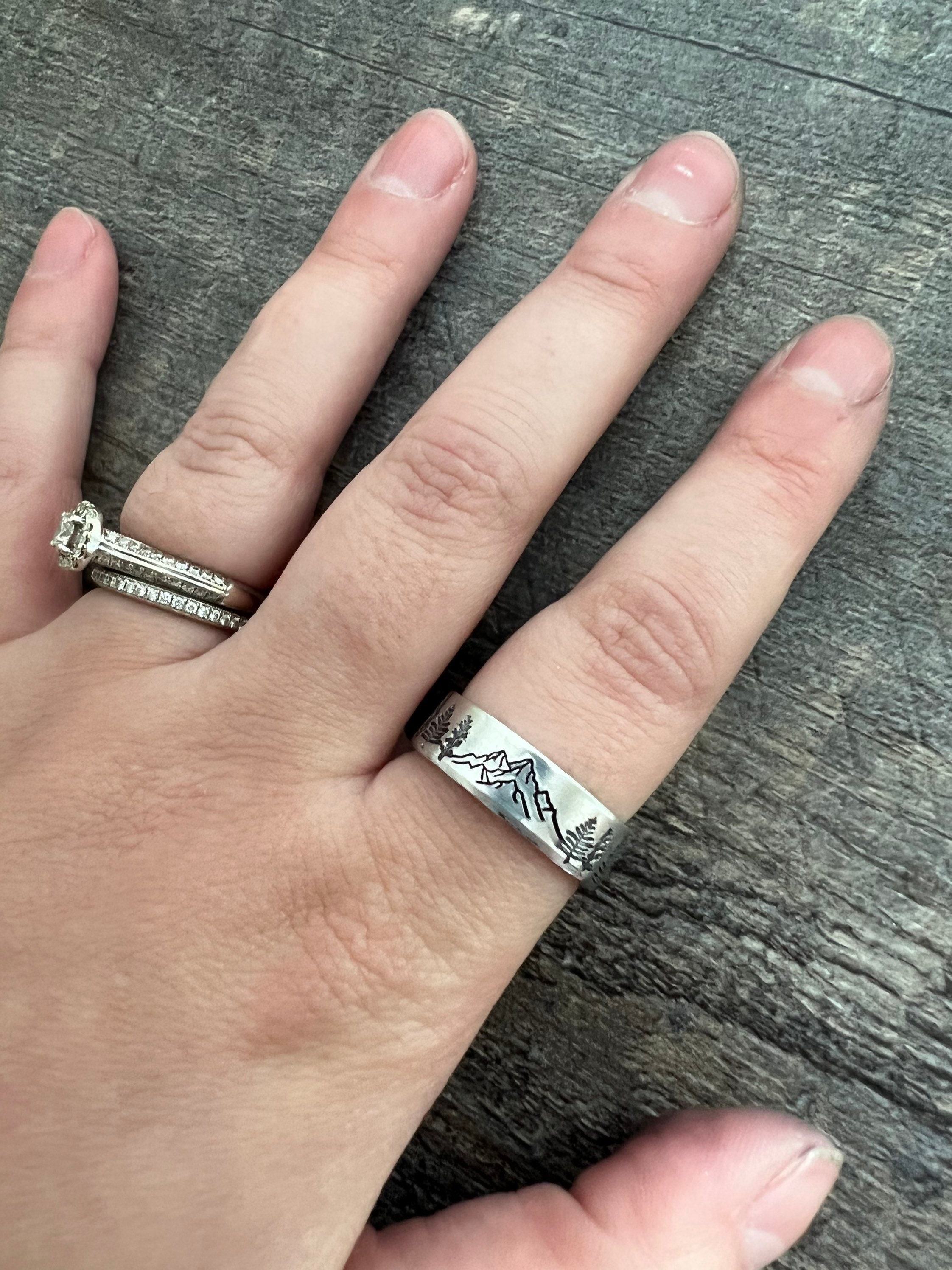 Mountain and Forest Ring- Hand Stamped Aluminum Ring, view 4