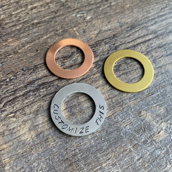 Custom Hand Stamped Washer Charms- Add Your Own Phrase In Copper, Aluminum, or Brass