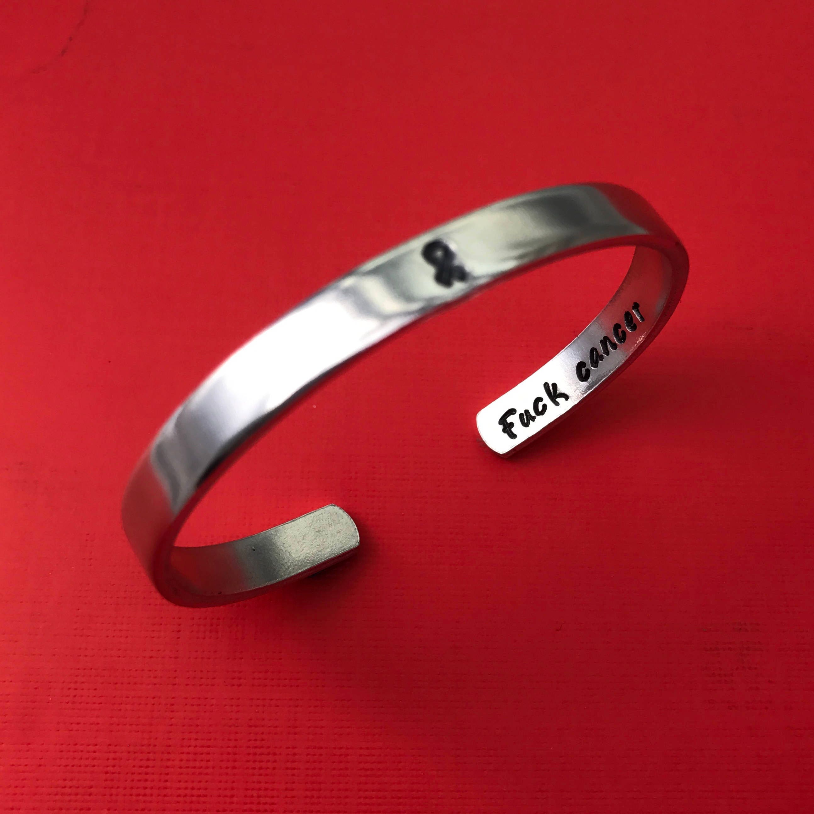 F- Cancer Hidden Message- Hand Stamped Cuff Awareness Ribbon Bracelet, view 3
