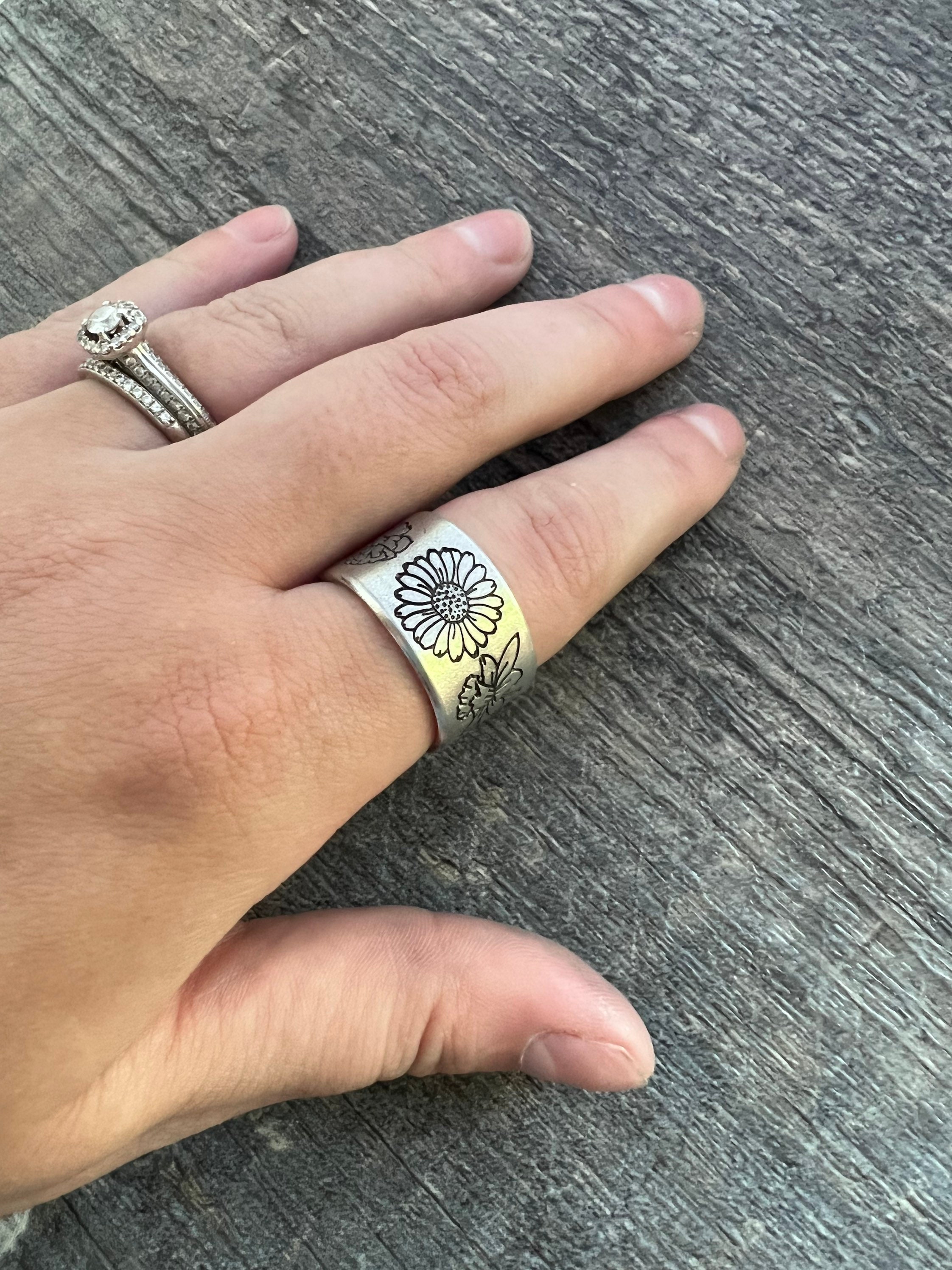 Children’s Birth Flower Hand Stamped Aluminum Ring- Gift for Mom, view 3