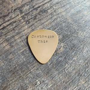 Custom Hand Stamped Brass Guitar Pick Pick Your Own Phrase and Font image 1