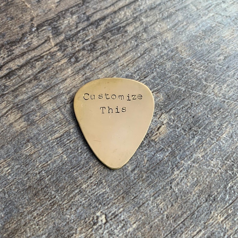 Custom Hand Stamped Brass Guitar Pick Pick Your Own Phrase Etsy