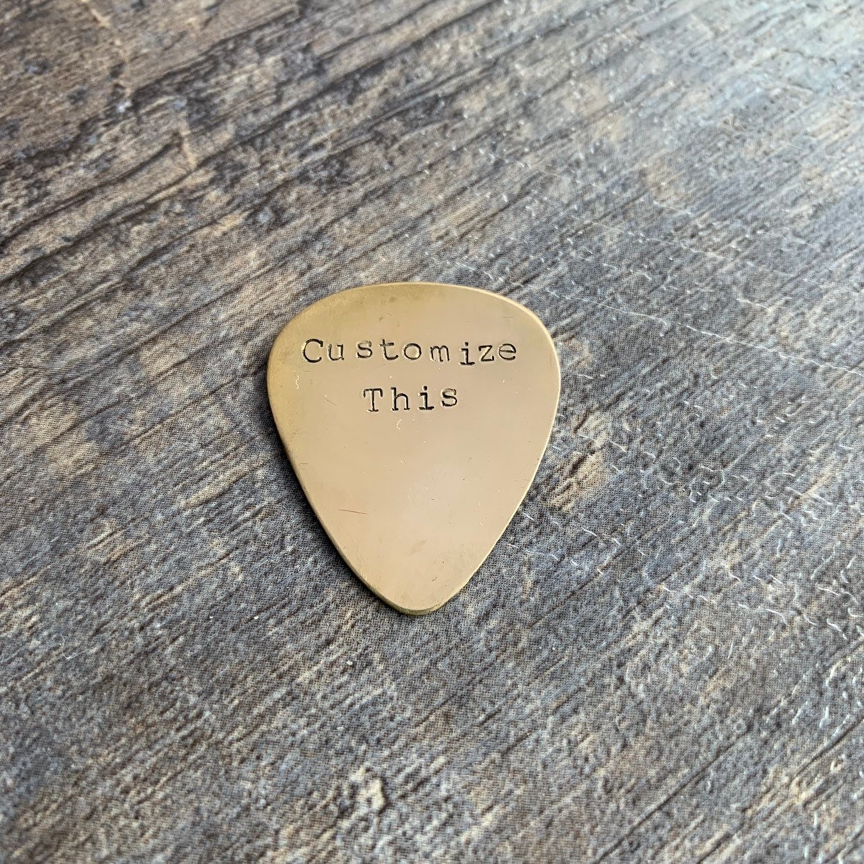 Custom Hand Stamped Brass Guitar Pick- Pick Your Own Phrase and Font