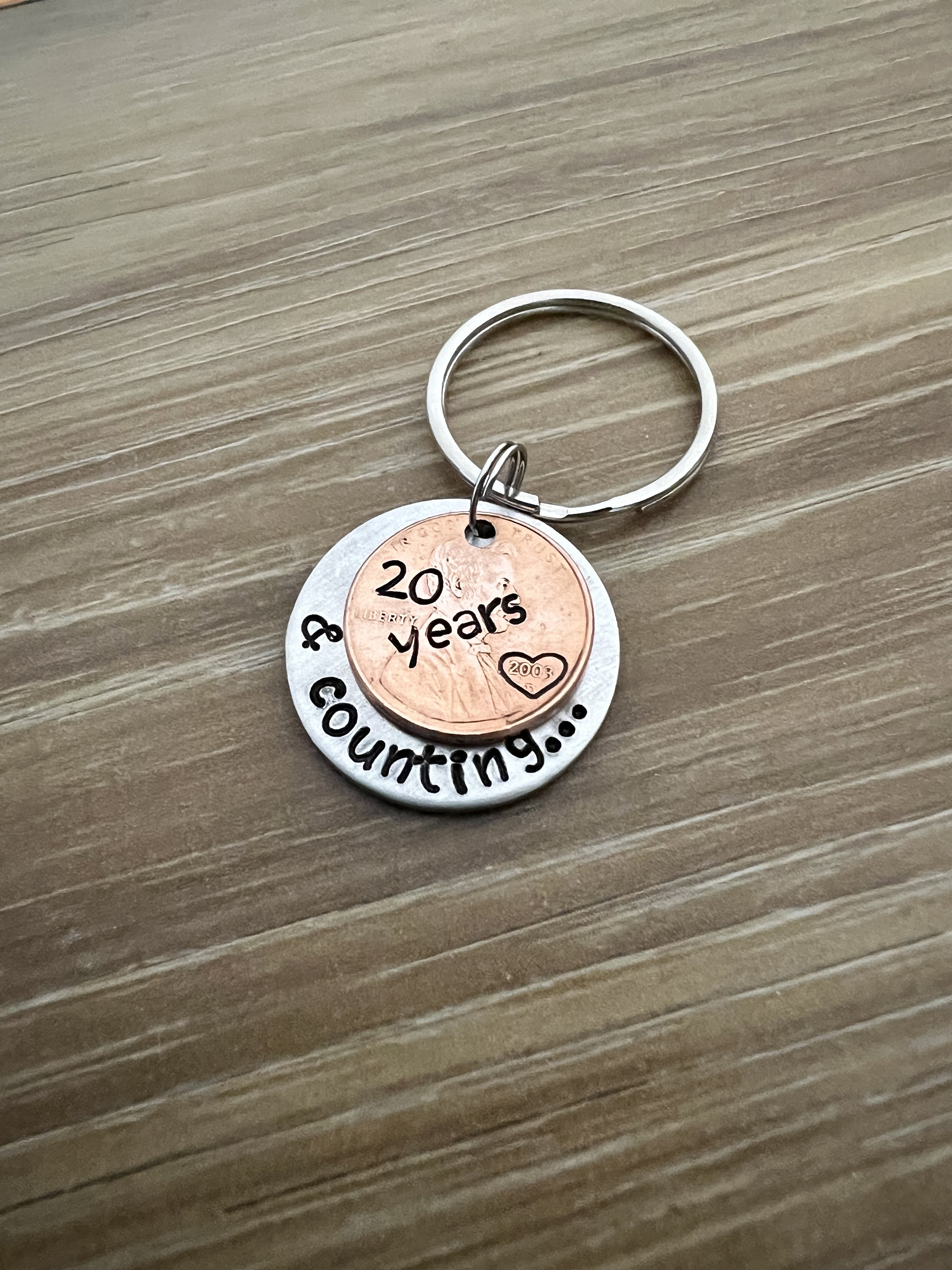 Custom Years and Counting Penny Keychain- Copper Anniversary Wedding Couples Gift- Hand Stamped Circle Charm With Penny- You Choose the Year, view 2