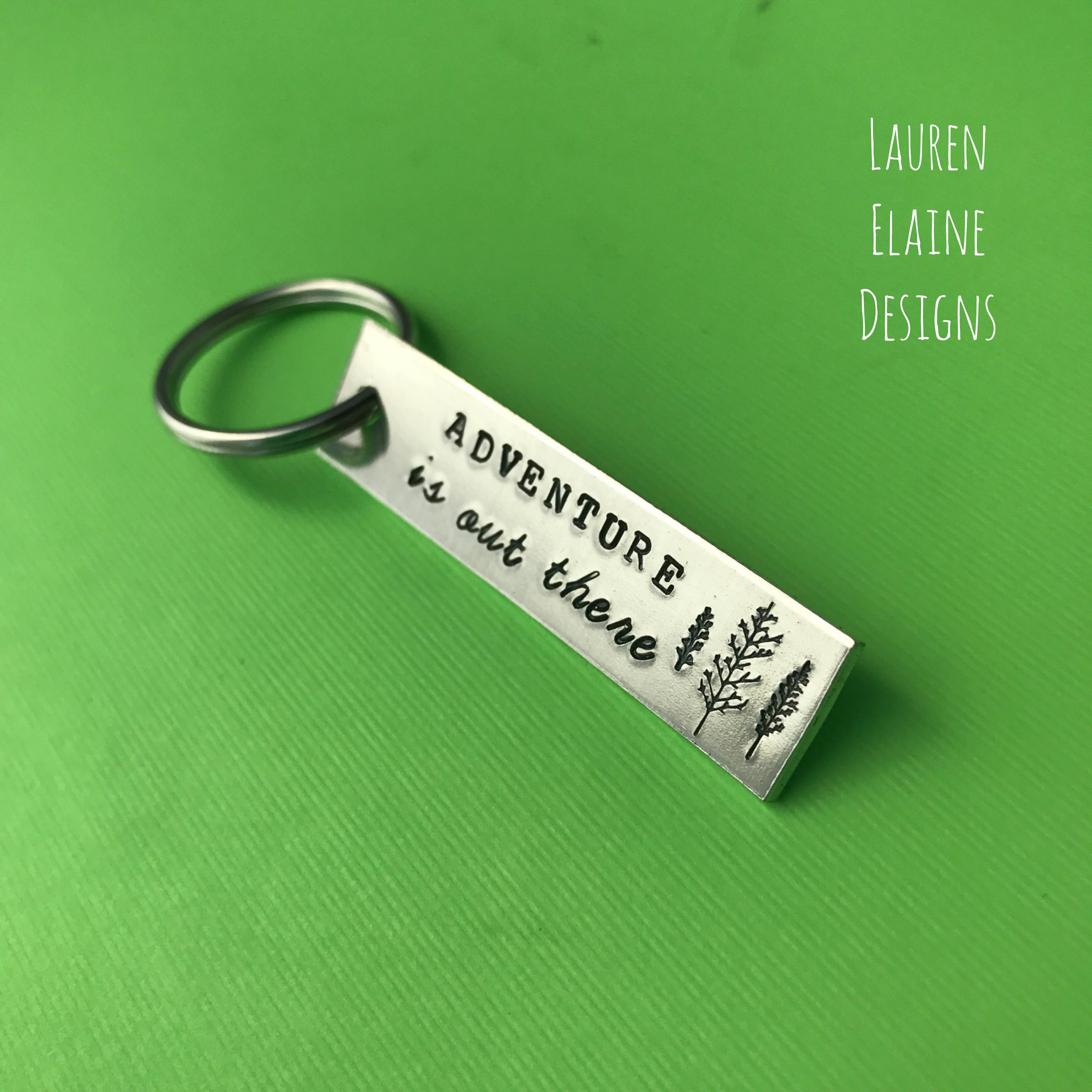 Hand Stamped Aluminum Keychain: Adventure Awaits, Traveler Gift, view 2