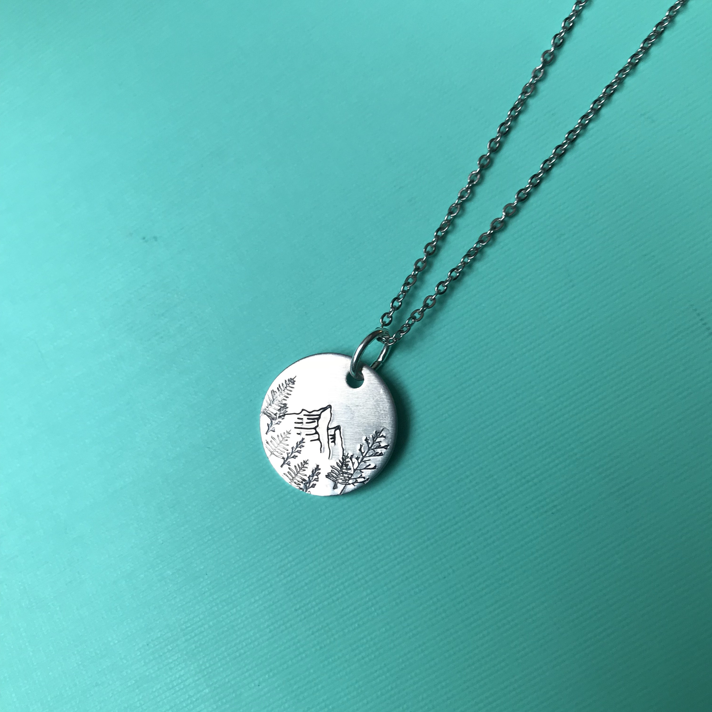 Mountain and Forest Necklace- Hand Stamped Aluminum, Copper, or Brass Charm Necklace, view 3