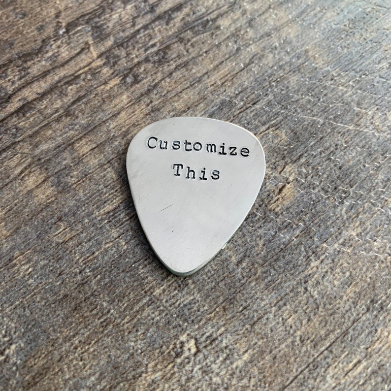 Custom Hand Stamped Aluminum Guitar Pick Pick your Phrase and image 1
