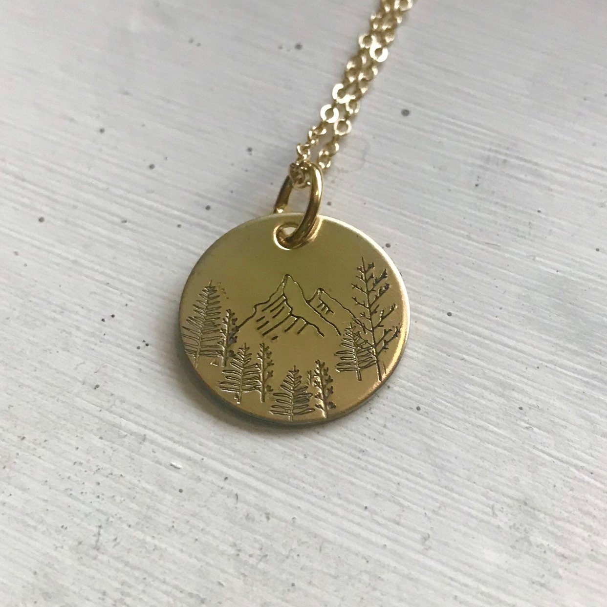 Mountain and Forest Necklace- Hand Stamped Aluminum, Copper, or Brass Charm Necklace, view 5