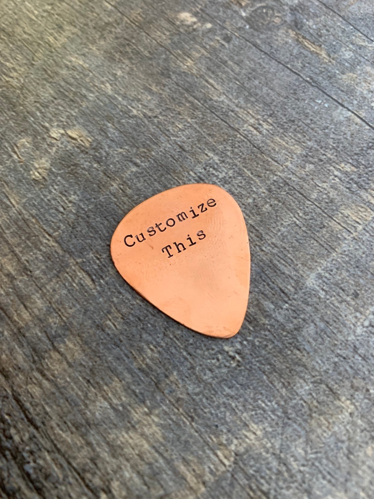Custom Hand Stamped Copper Guitar Pick- Pick Your Own Phrase and Font