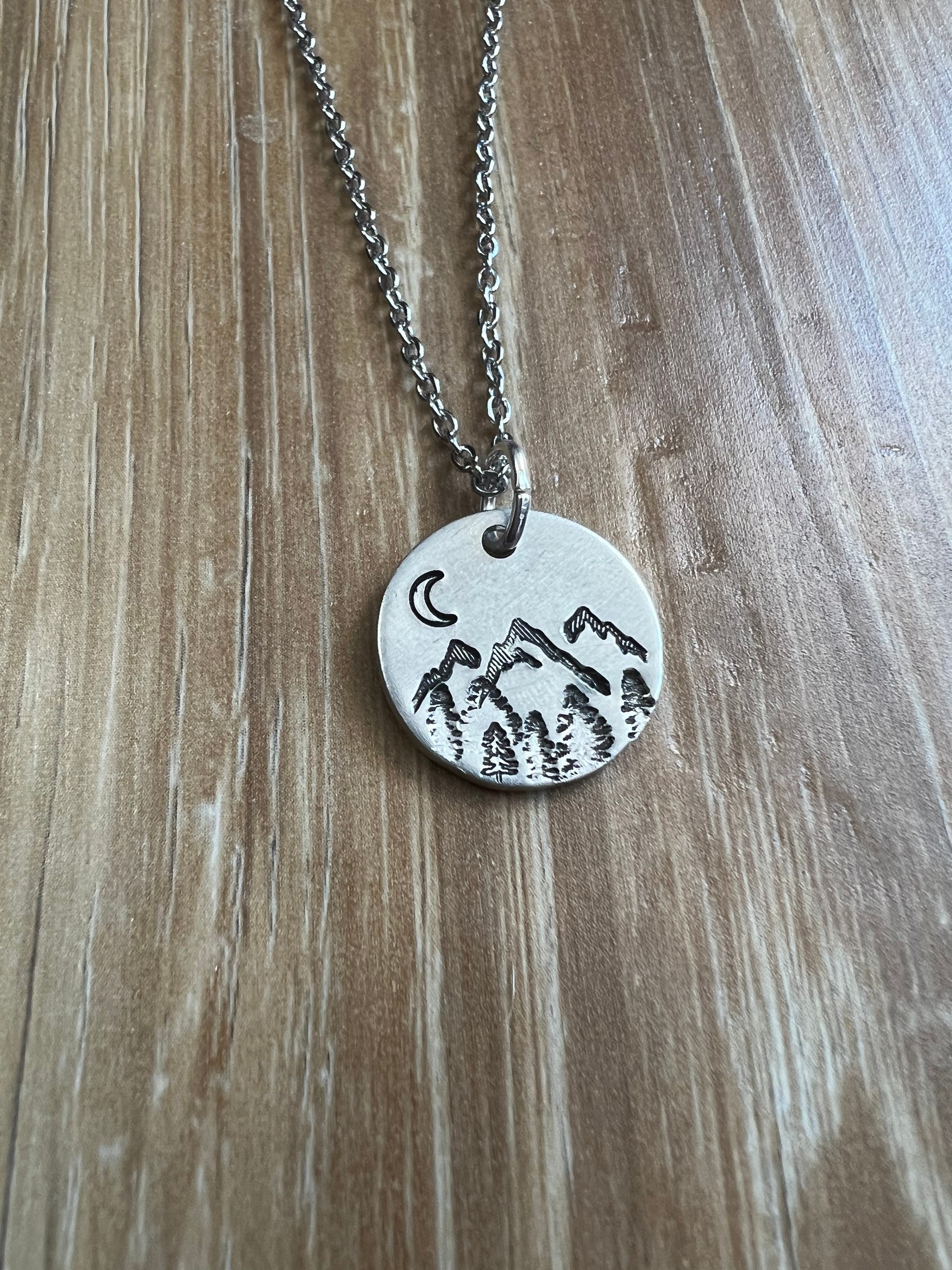 Mountain and Moon Necklace- Hand Stamped Aluminum, Copper, or Brass Charm Necklace