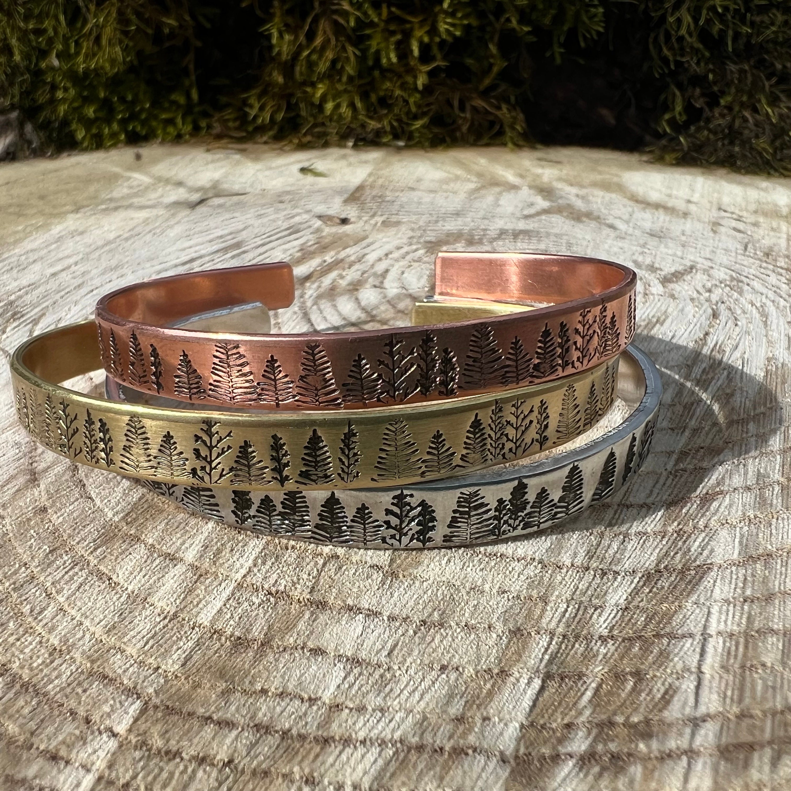 Hand Stamped Pine Tree Forest Cuff Bracelet: Personalized Hidden Message, view 4