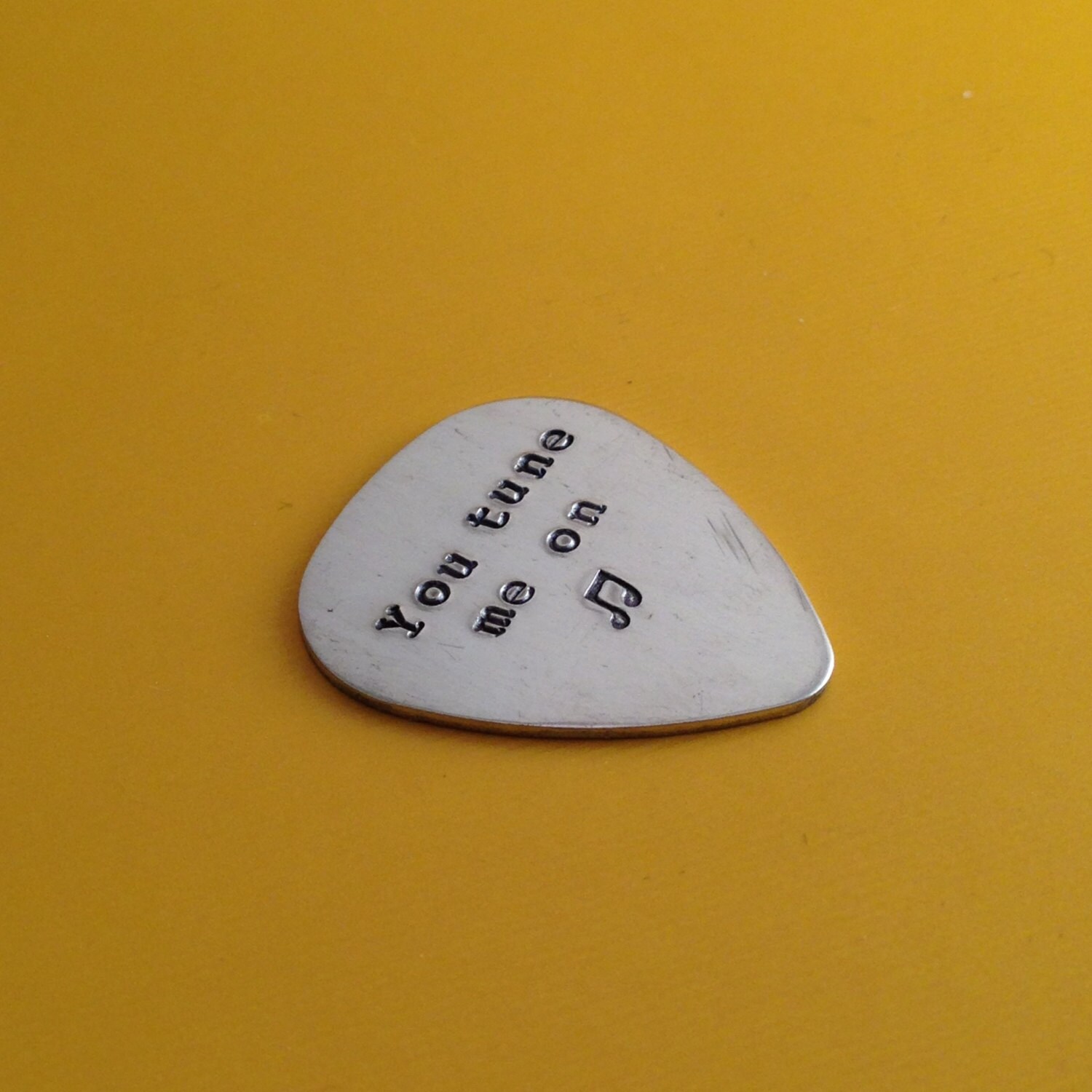 Hand Stamped Guitar Pick: "You Tune Me On" - Brass, Copper, or Aluminum, view 3