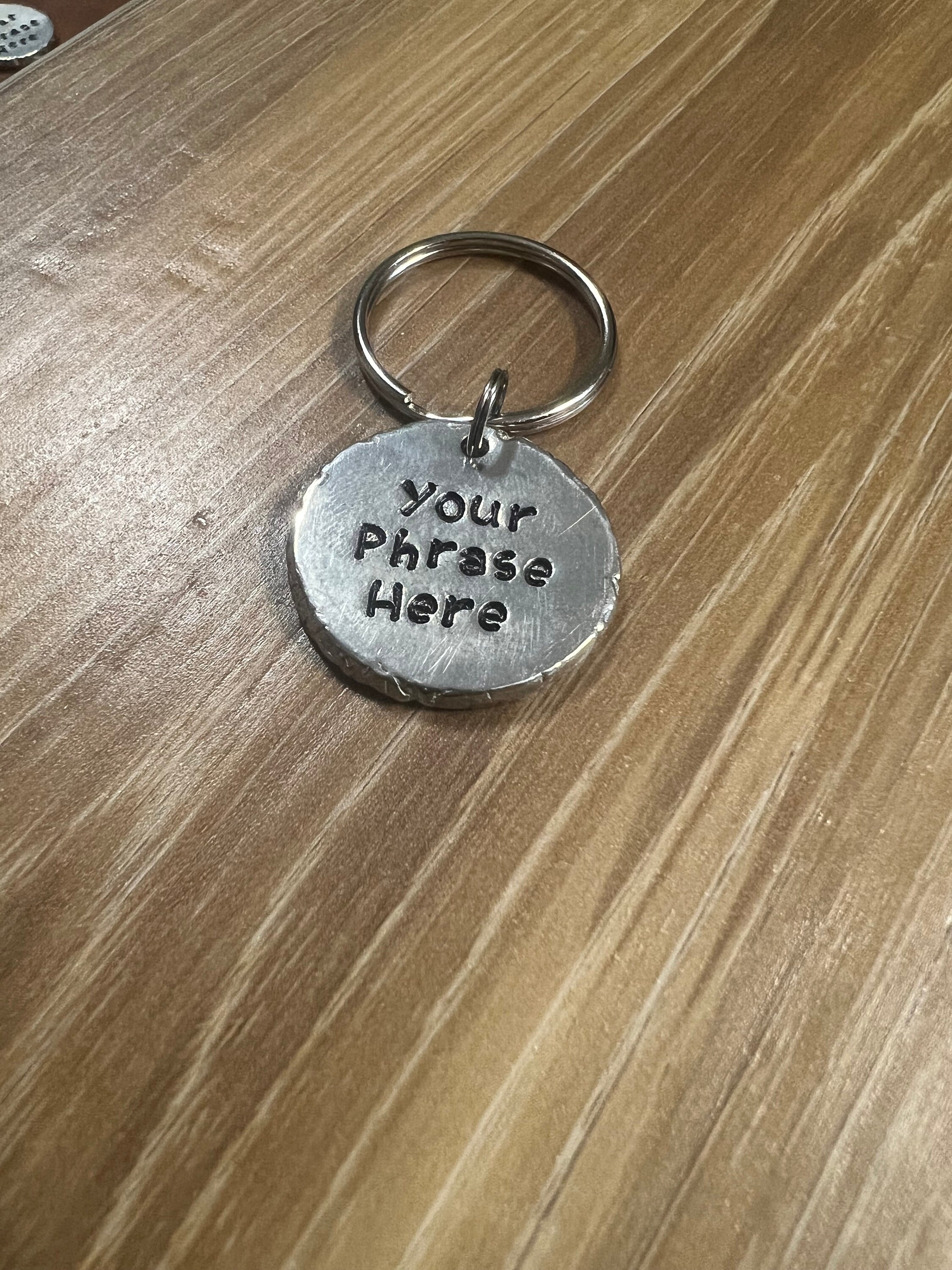 Personalized Pewter Disc Keychain: Custom Phrase, Anniversary Date, view 2
