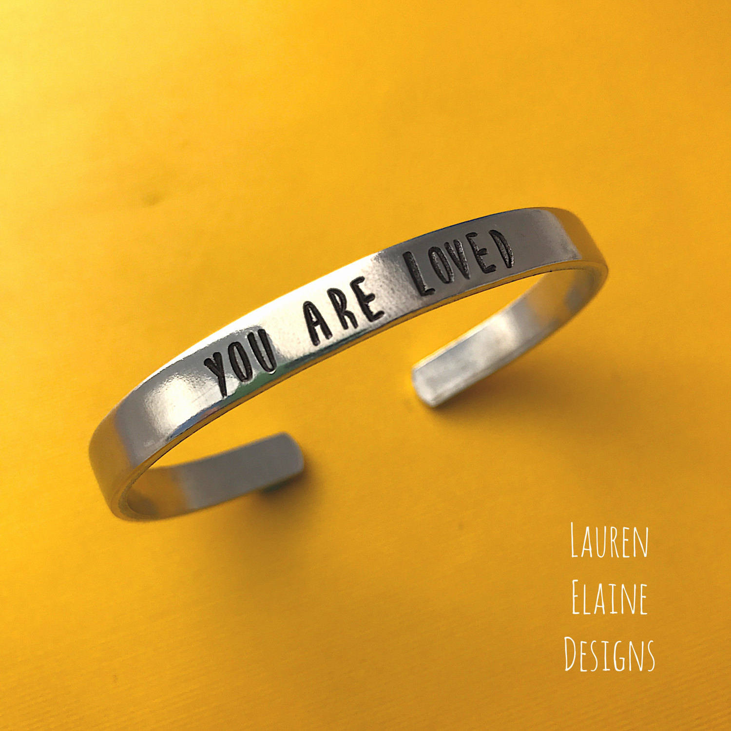 You Are Loved- Hand Stamped Cuff Bracelet- In Aluminum, Copper, Brass, Sterling Silver, view 2