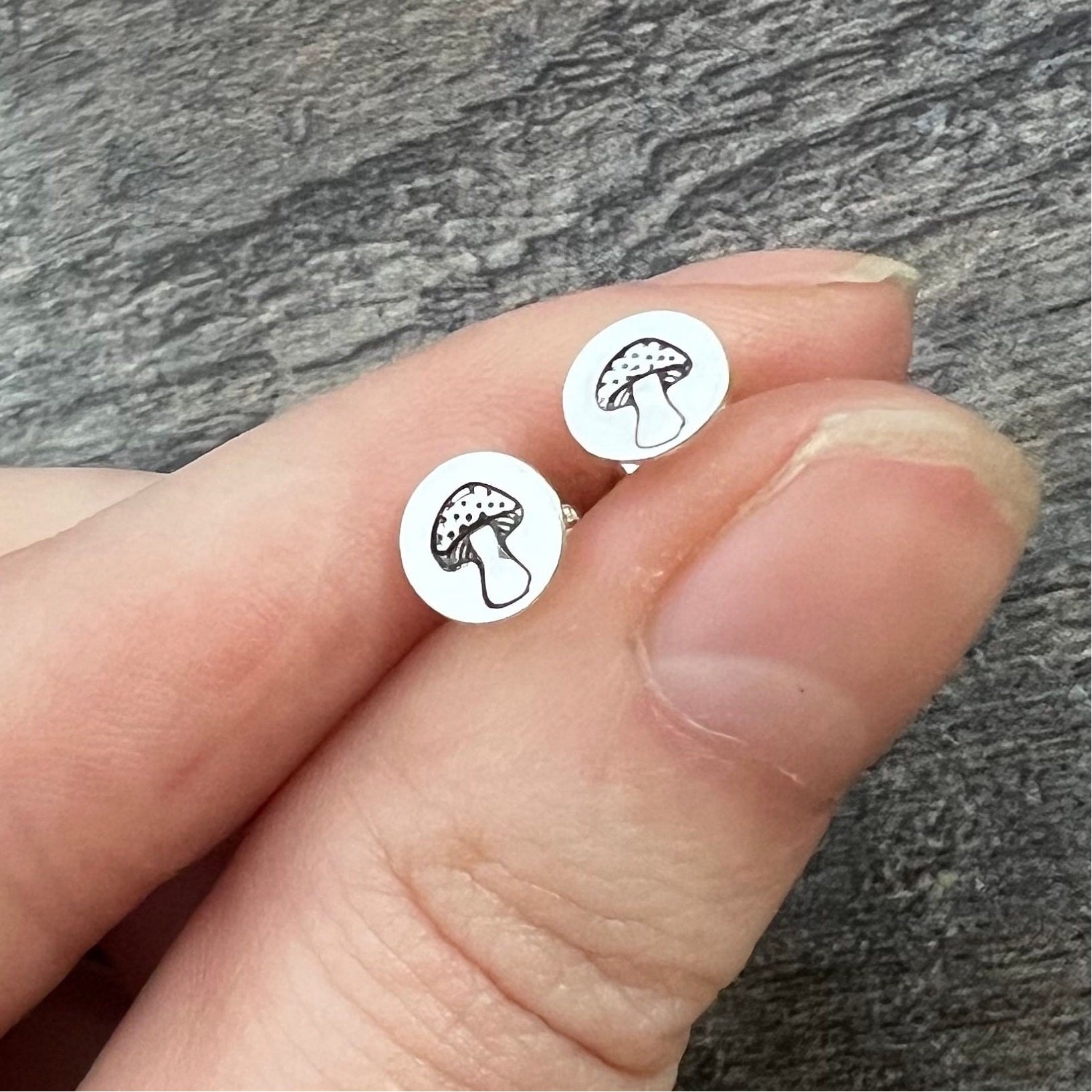 Sterling Silver Mushroom Stud Earrings - Hand Stamped Gift