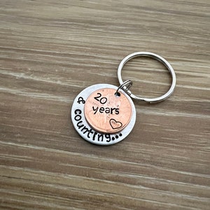 Custom Years and Counting Penny Keychain- Copper Anniversary Wedding Couples Gift- Hand Stamped Circle Charm With Penny- You Choose the Year