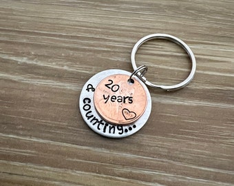 Custom Years and Counting Penny Keychain- Copper Anniversary Wedding Couples Gift- Hand Stamped Circle Charm With Penny- You Choose the Year