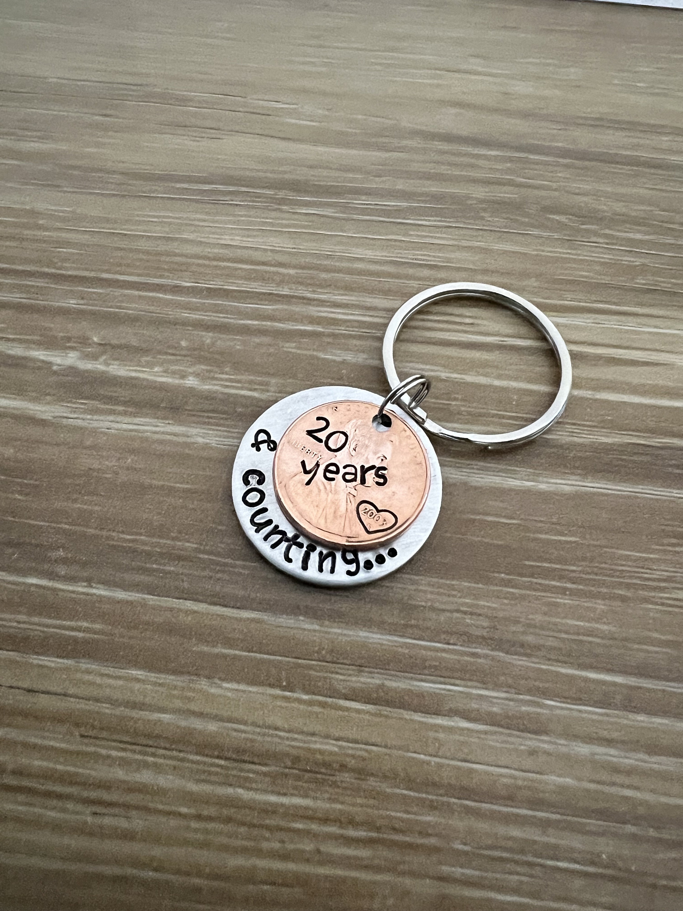 Custom Years and Counting Penny Keychain- Copper Anniversary Wedding Couples Gift- Hand Stamped Circle Charm With Penny- You Choose the Year