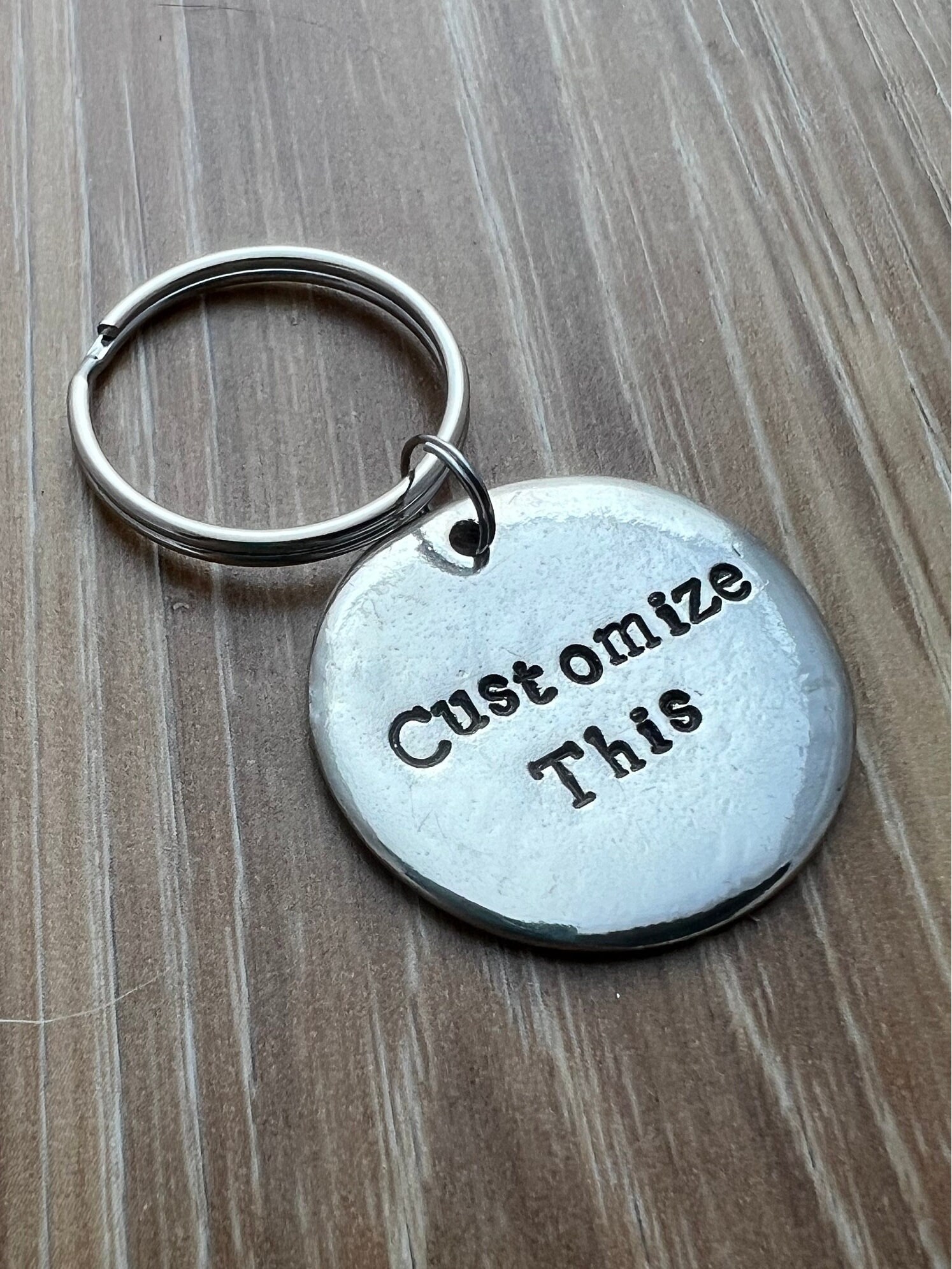Custom Hand Stamped Pewter 1.25" Circle Keychains/Pet ID Tag- You Personalize, view 2