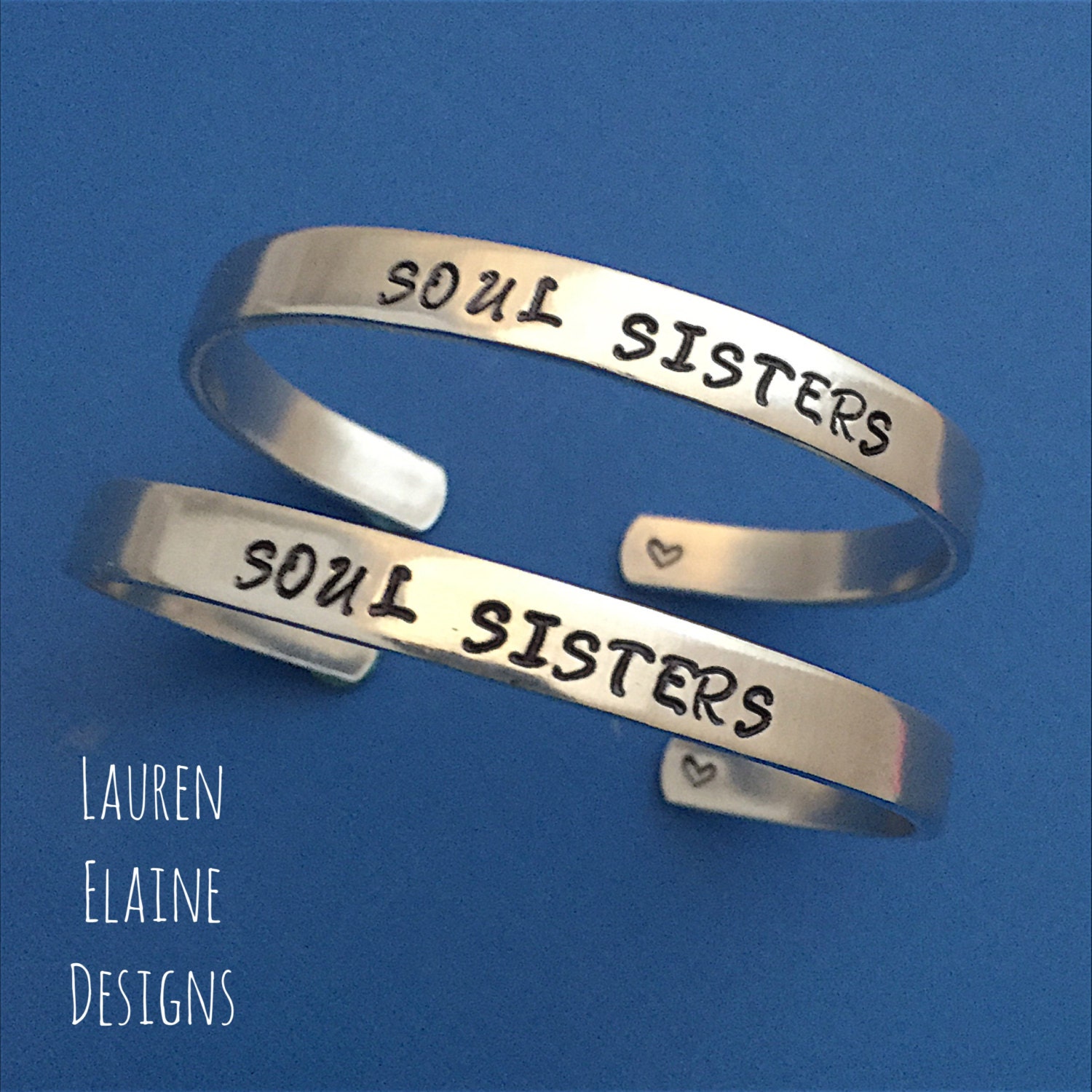 Soul Sisters -Hand Stamped Cuff Bracelets- Set of 2 Bracelets- In Aluminum, Copper, Brass, Sterling Silver- Best Friend, Sister, Bridesmaid, view 2