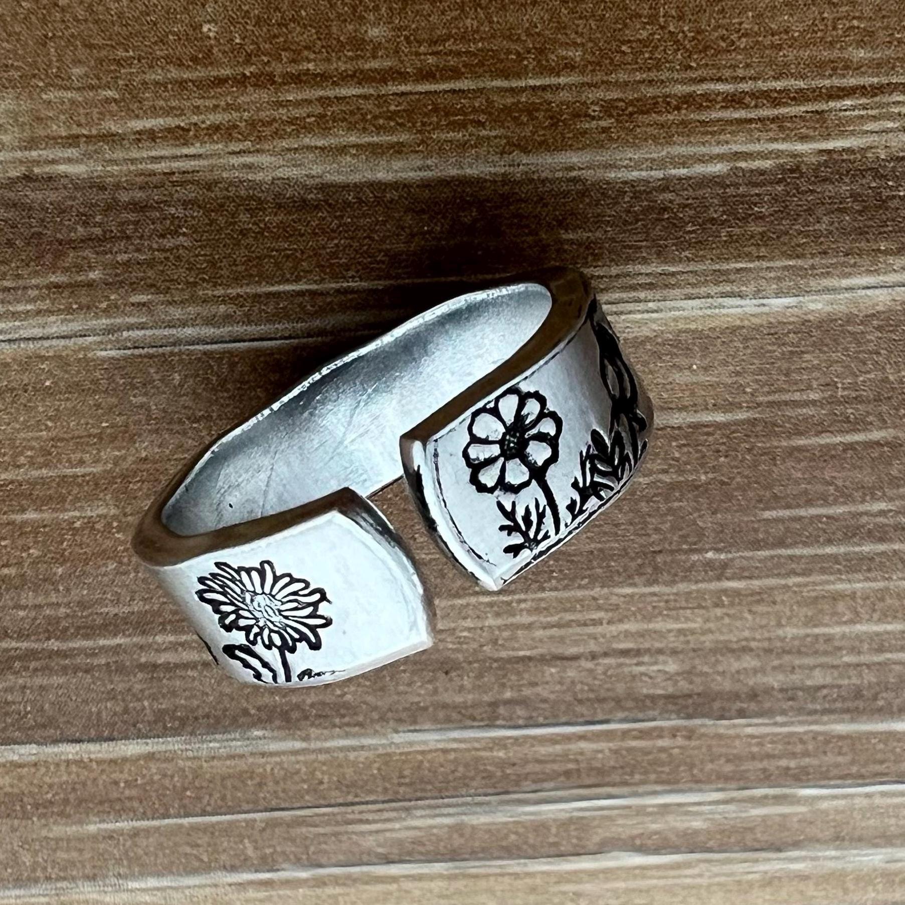 Multi Birth Flower Ring Hand Stamped Aluminum Ring- Family Grandma Mom Gift, view 3