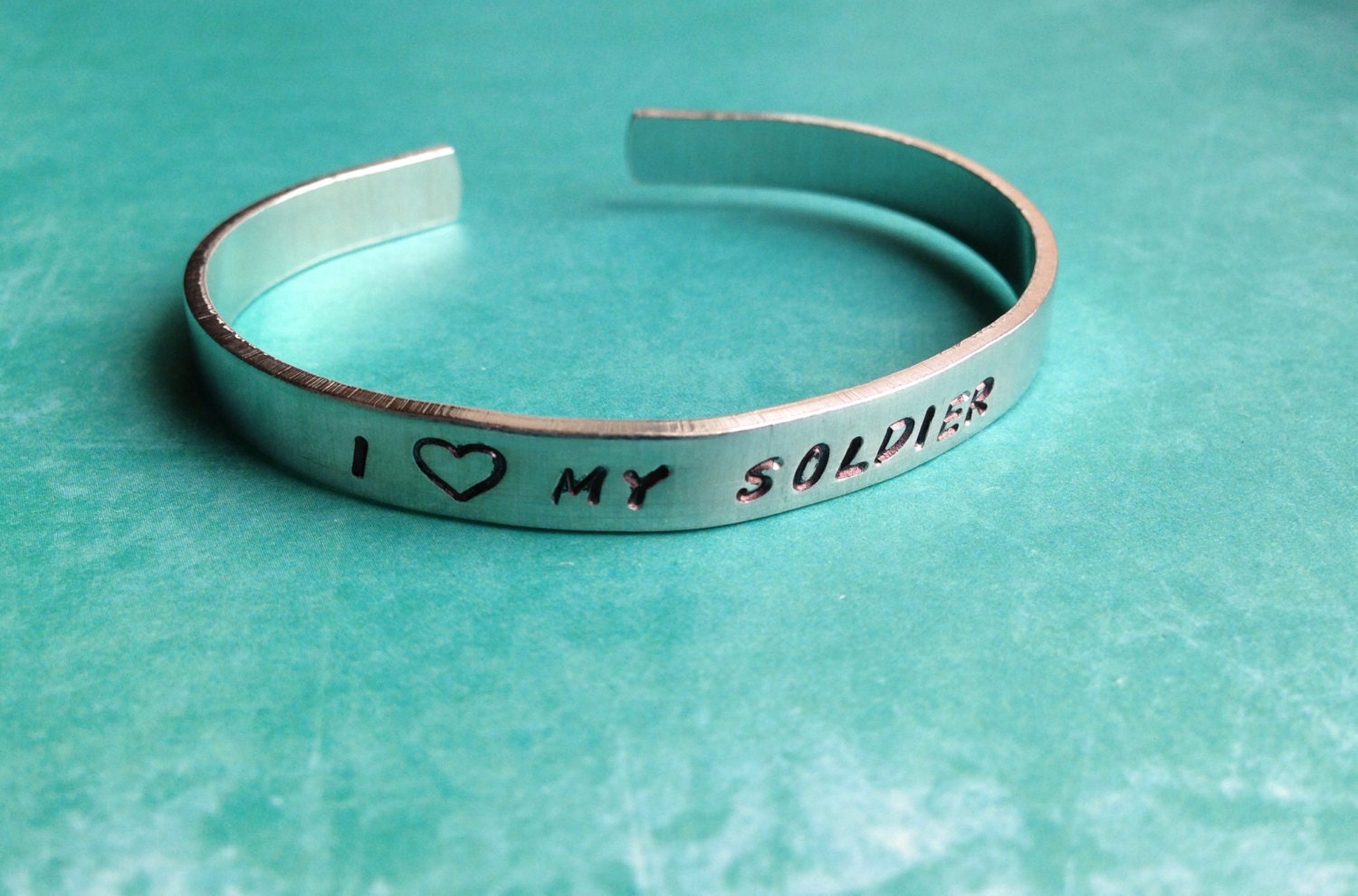 I Love My Soldier Bracelet: Hand Stamped Aluminum Cuff, view 4
