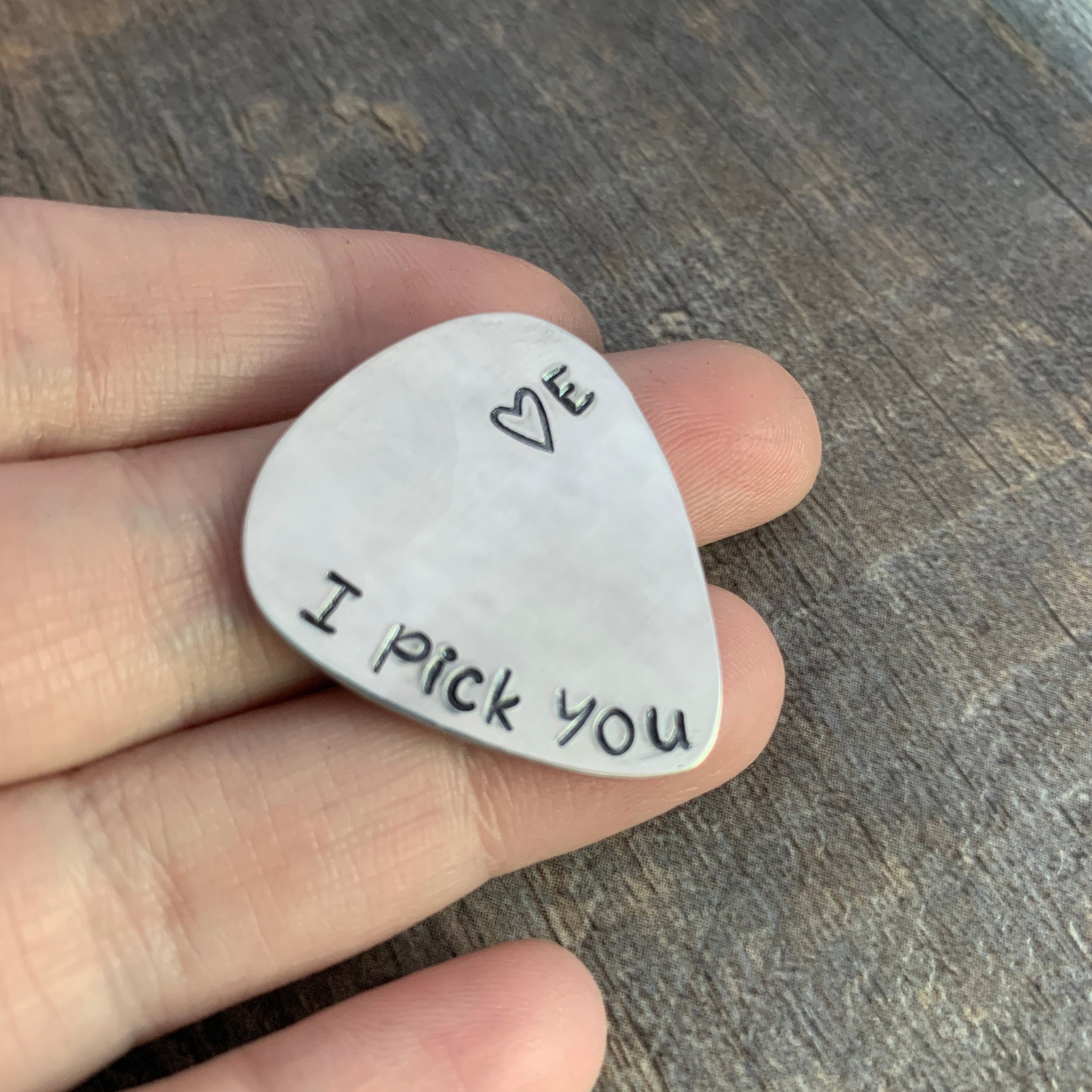 Personalized Hand Stamped Guitar Pick: I Pick You, Brass Copper Aluminum, view 3