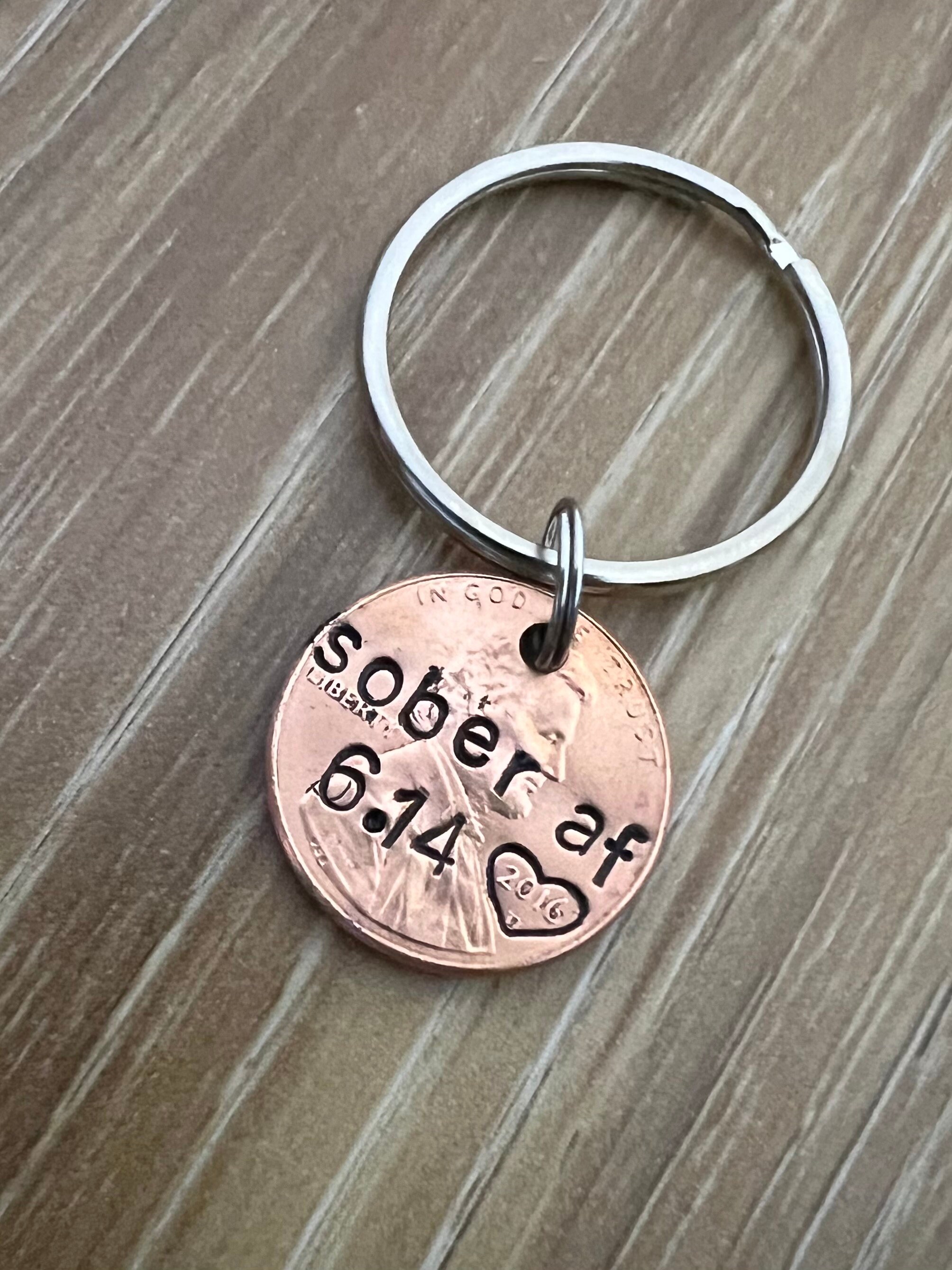Sober AF Penny Keychain- Sobriety Gift- You Choose Penny Year, view 3