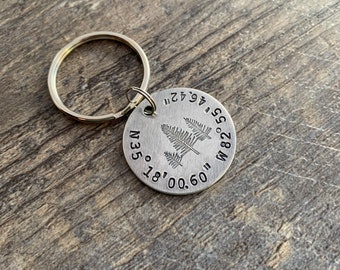 Custom Coordinates Keychain With Trees- Hand Stamped Latitude Longitude Keychain