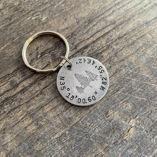 Custom Coordinates Keychain With Trees- Hand Stamped Latitude Longitude Keychain