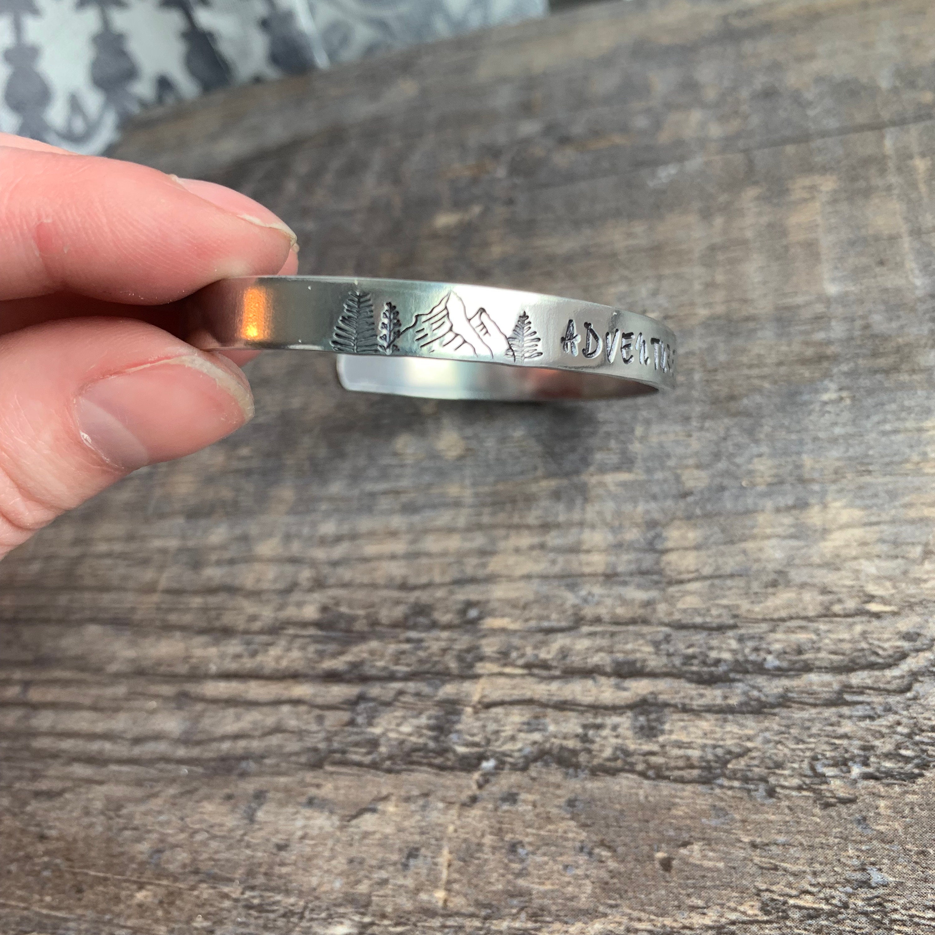 Adventure Awaits- Hand Stamped Cuff Bracelet- Aluminum, Copper, Brass, or Sterling Silver, view 3