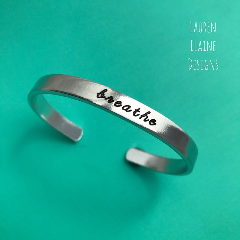 or Sterling Silver Brass Breathe- Hand Stamped Cuff Bracelet- Aluminum Copper
