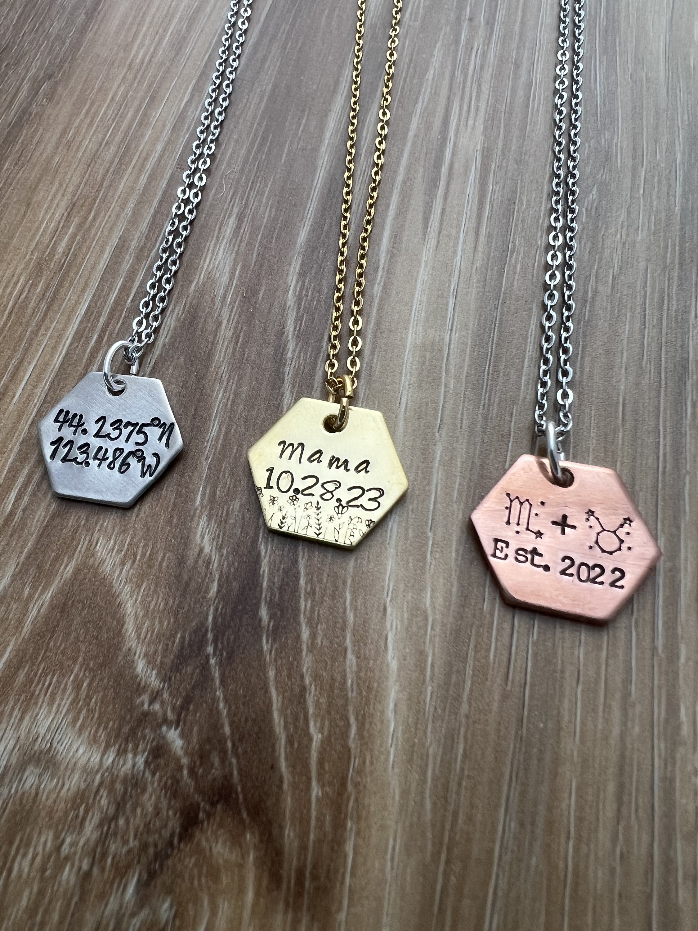 Custom Hand Stamped Hexagon Necklace: Personalized Geometric Charm, view 2
