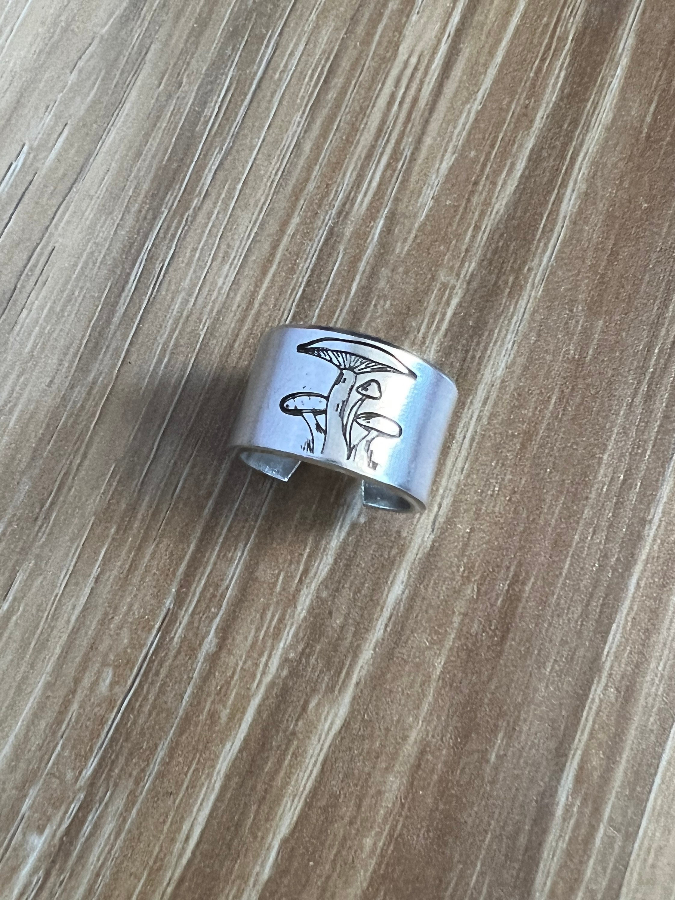 Wide Mushroom Ring- Hand Stamped Aluminum Ring, view 2