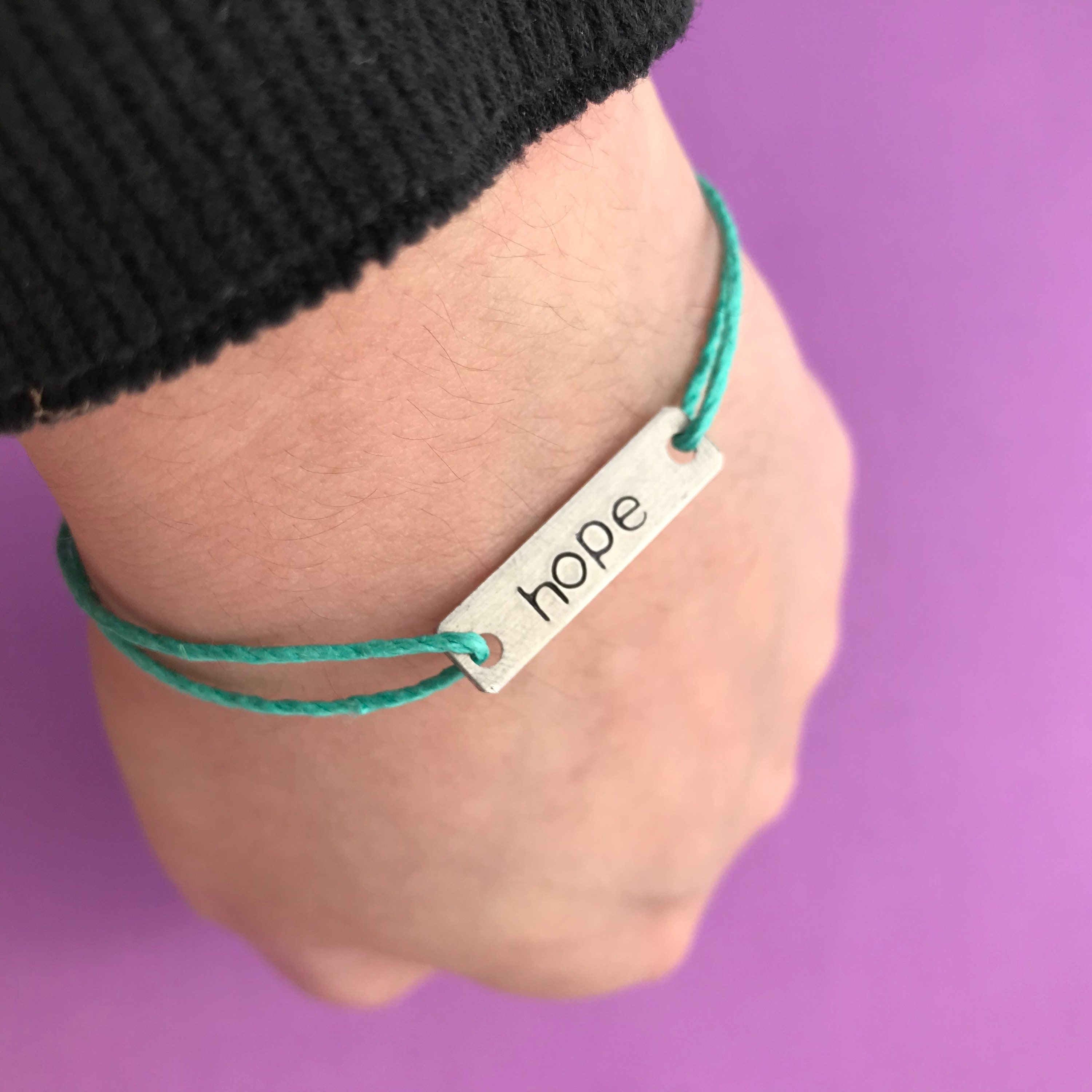 Custom Hand Stamped Aluminum Rectangle Charm Hemp Bracelet- (Pick your own Color and Phrase), view 2