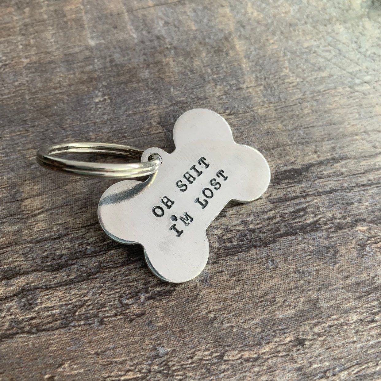Hand Stamped Aluminum Pet ID Tag: "Oh Sh*t I'm Lost" Custom Dog Tag, view 2