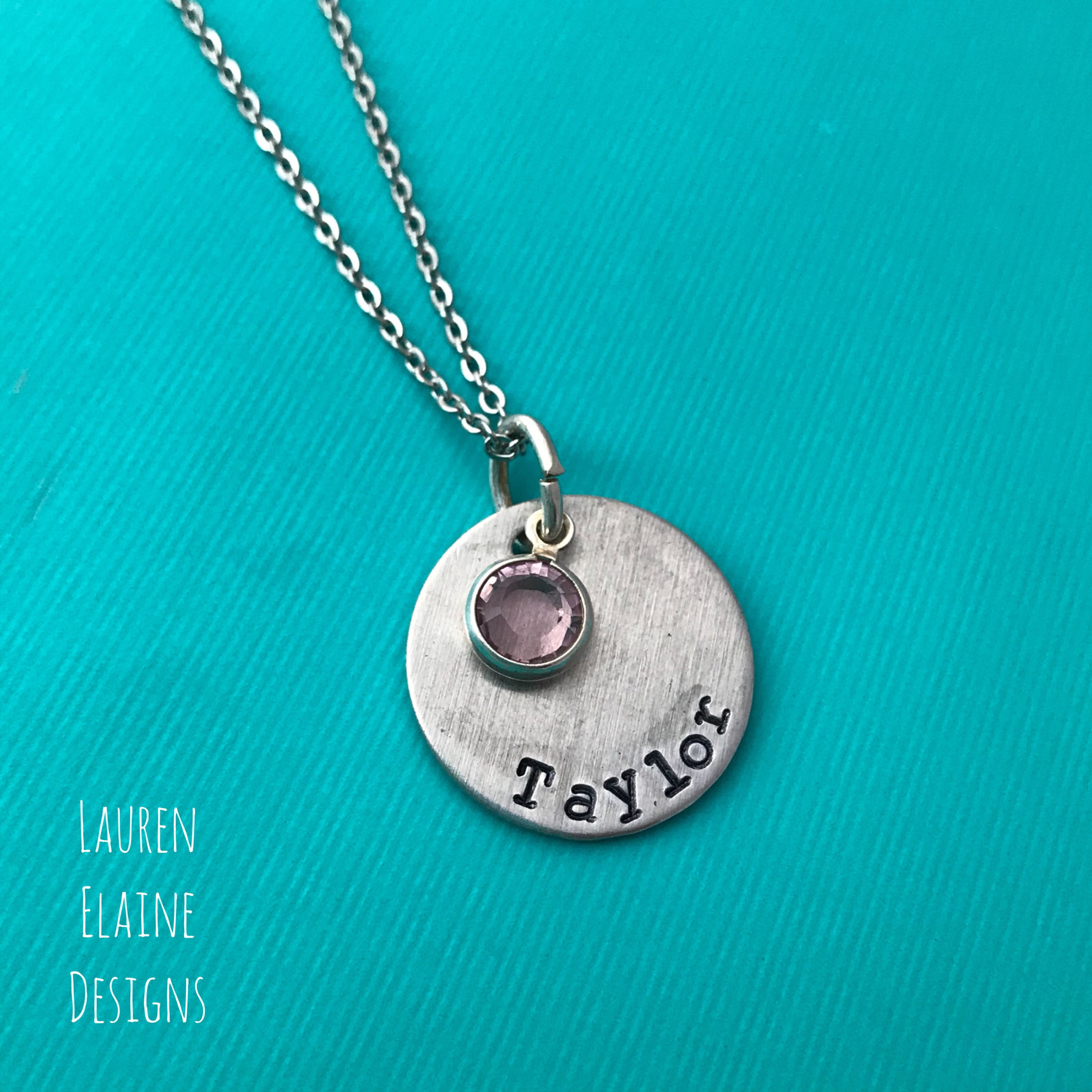 Customizable Silver Disc Necklace With Swarovski Birthstone- Hand Stamped Aluminum Charm -You Choose Font, view 2