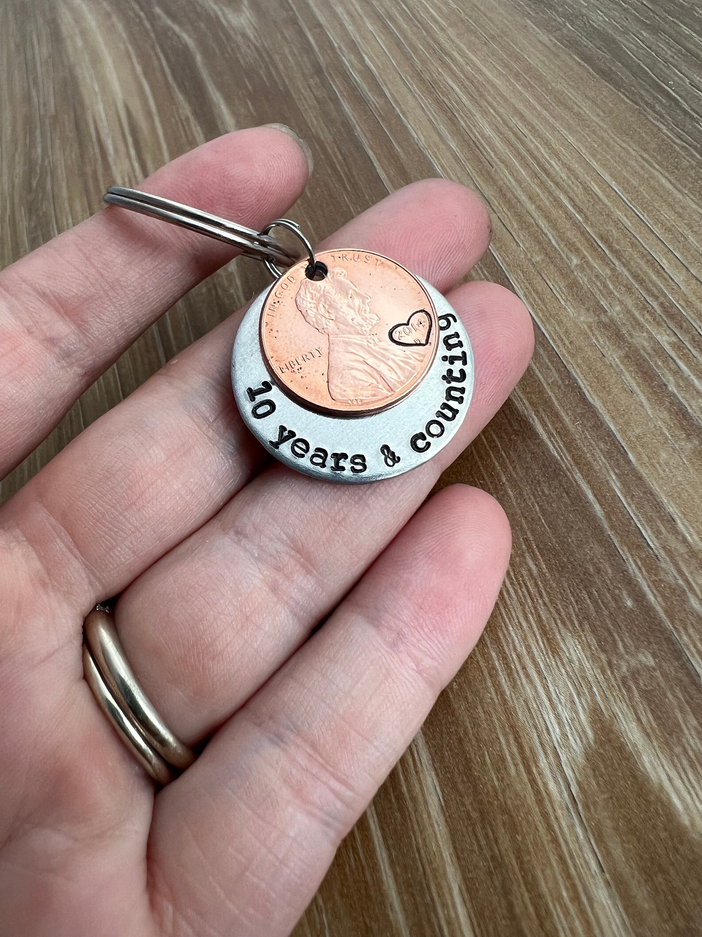 Hand Stamped Anniversary Penny Keychain: Personalized Aluminum Couples Gift, view 3
