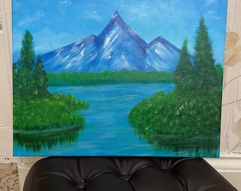 Blue Mountain Lake Handmade Acrylic Painting Art on Canvas