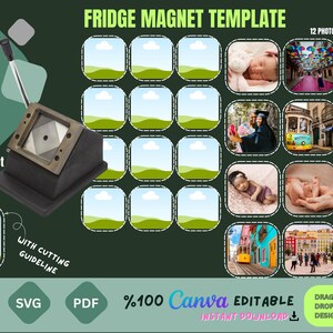 Op de afbeelding: Een donkergroene sjabloon voor koelkastmagneten. De sjabloon bevat een vierkante magneetmaker, een raster voor 12 foto's en de tekst "Fridge Magnet Template". De sjabloon is bewerkbaar in Canva.