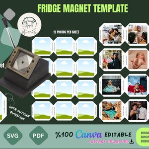Pode incluir: Um modelo para ímanes de frigorífico, com um cortador de ímanes quadrado e um layout para 12 fotos. O modelo inclui o texto "Fridge Magnet Template", "50 x 50 mm Square Magnet" e "Your Design Here". O design é editável no Canva.