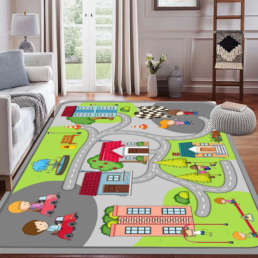 Kids City Road Play Rug, Colorful Cartoon Town Carpet, Traffic Track ...